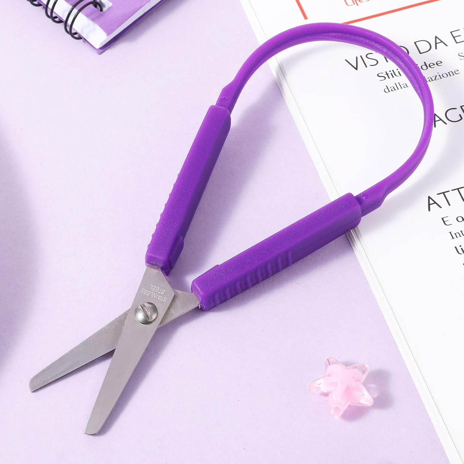 1Pcs Mini Loop Scissors Adaptive Design Scissor Self-Opening Handle Safety Scissors for Kids Children Schools Special Need Daily DIY Crafts(Purple) image number 4