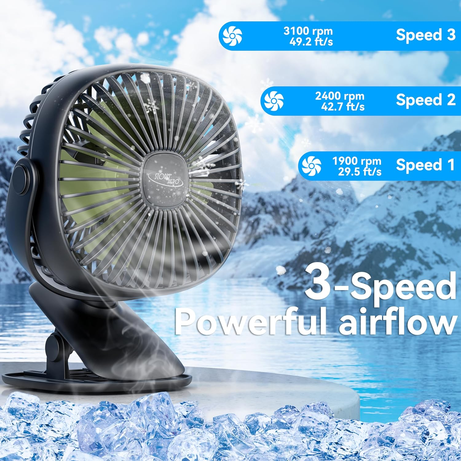 STORMHERO Desk Fan, Clip on Stroller Fan,Rechargeable USB Quiet Personal Fan, Strong Air 3-Speed Portable Fan, Battery Clip Adjustable Fan Bedroom Outdoor Camping Golf Cart Home Office Black image number 4