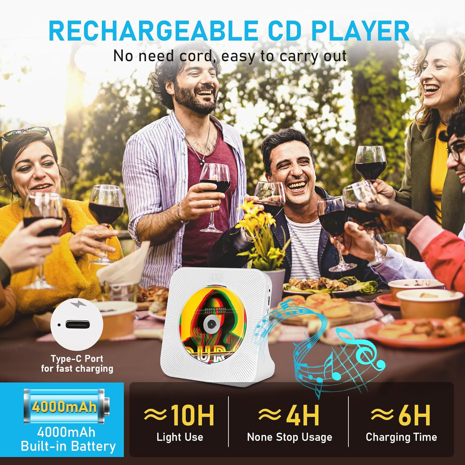 Portable CD Player with 4000Mah Battery Rechargeable, Support Bluetooth, FM Radio, USB Port, AUX In/Output, Timer, Remote, Hifi CD Music Player with Speakers for Home SHIWAKOTO image number 6