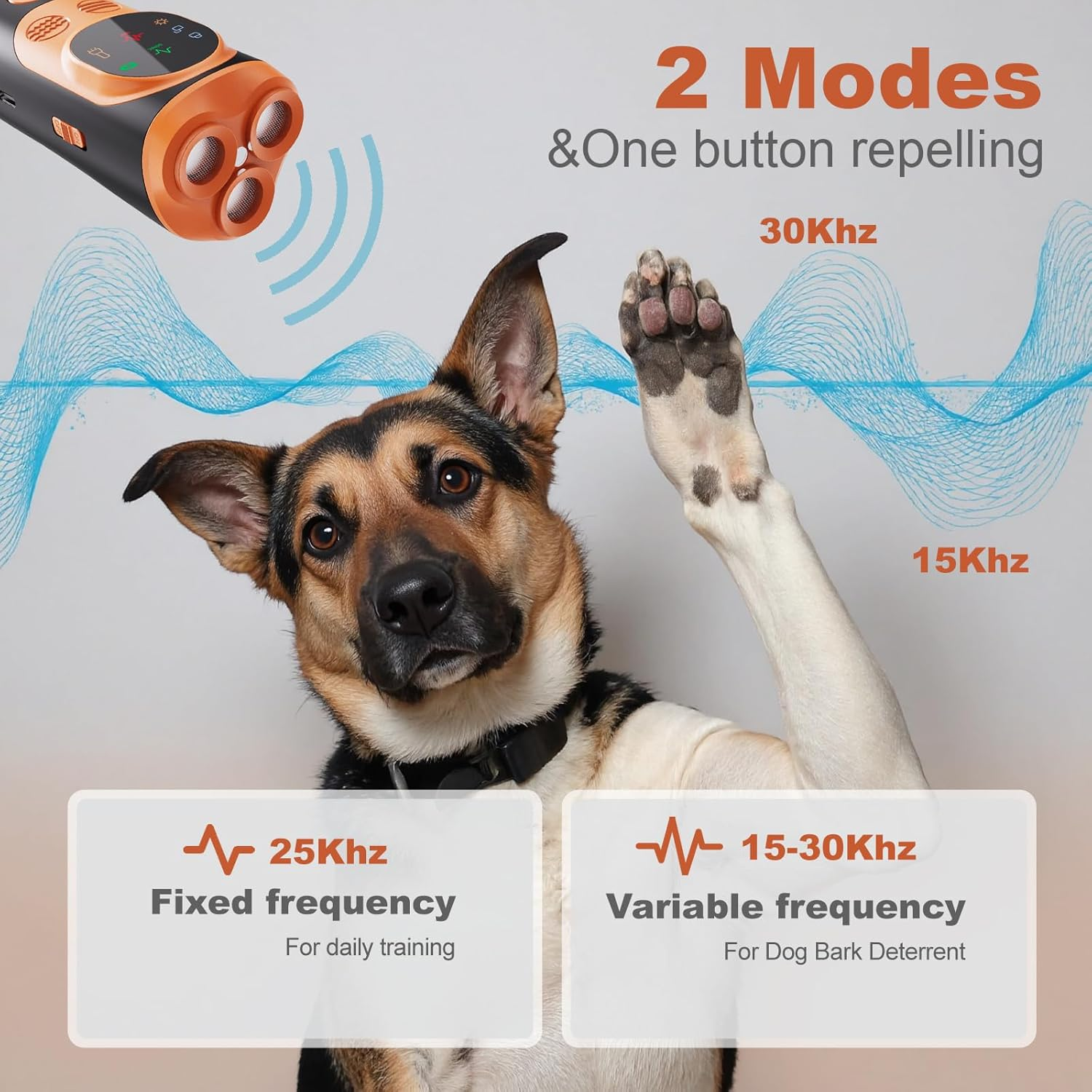 Dog Bark Deterrent &ndash; Ultrasonic Dog Training Device with LED Light, 3-Head 50Ft Range Anti-Bark Control, Rechargeable Handheld Dog Repellent with Dual Frequency, Pet-Friendly & Portable (Orange)