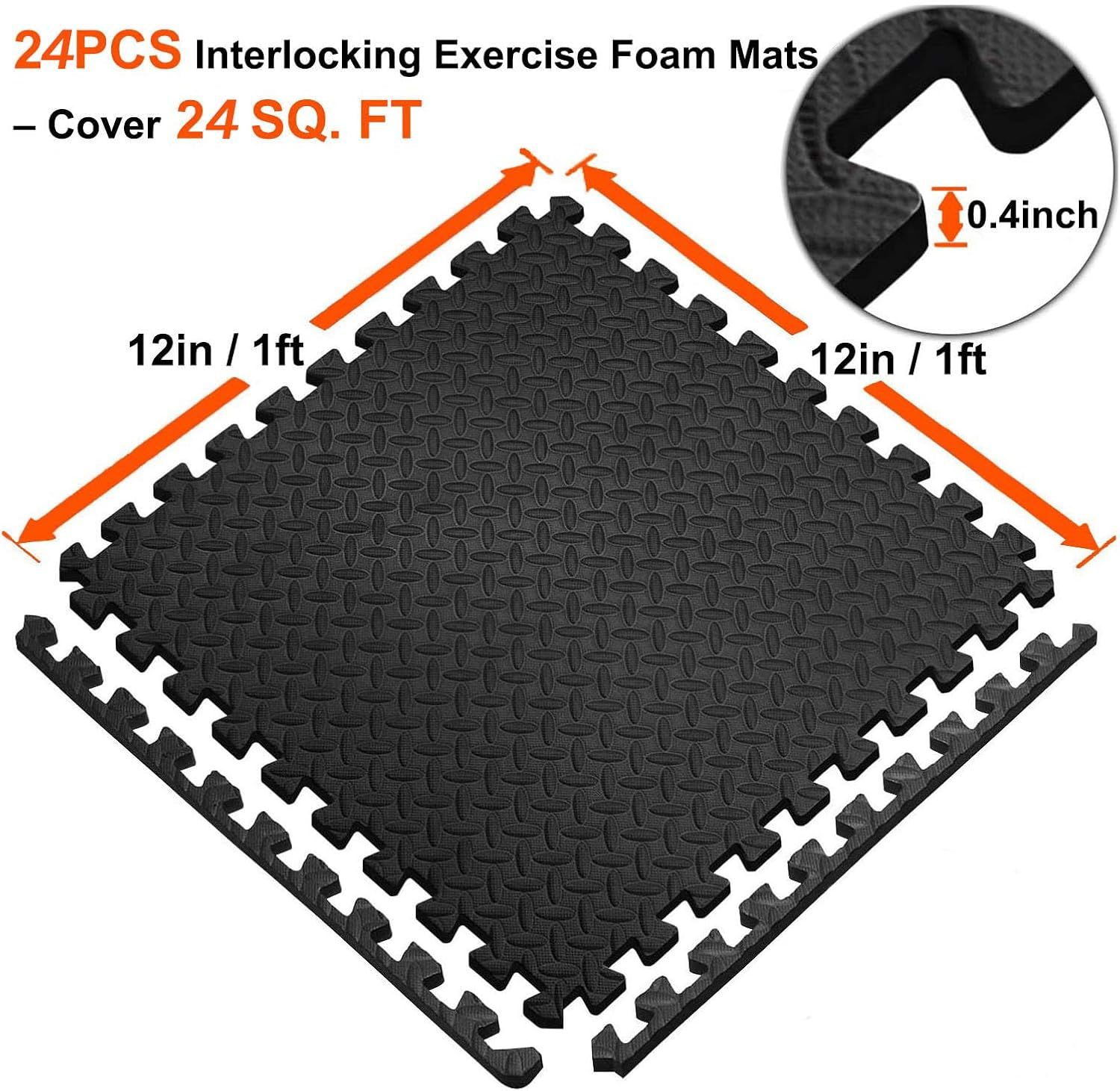 Exercise Puzzle Foam Mats &ndash; 24 Tiles, 30Cm&times;30Cm&times;1Cm (12"&times;12"&times;0.39") Each, Gym Flooring for Home Workouts Black image number 4