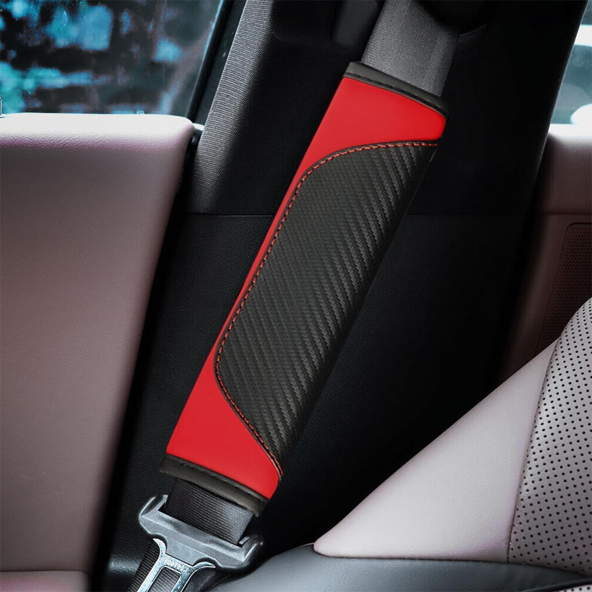 2PCS Car Seat Belt Cover, Carbon Fiber Seatbelt Shoulder Protection, Soft Car Seat Belt Strap Cushion Protect Your Neck and Shoulder, Car Accessories Seat Belt Pad for Car Truck (Red, One Size) image number 5