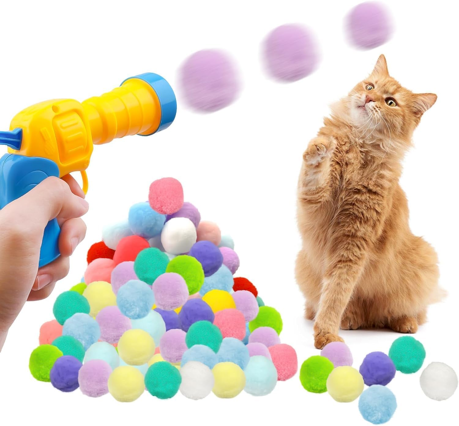 Cat Ball Toy Launcher Gun, 50Pcs Cat Balls with 1 Gun Toy, Cat Toys for Bored/Interactive Indoor Adult Cats, Plush Fuzzy Balls Launcher Cat Toy, Cat Fetch Toy Gun Shooter image number 1