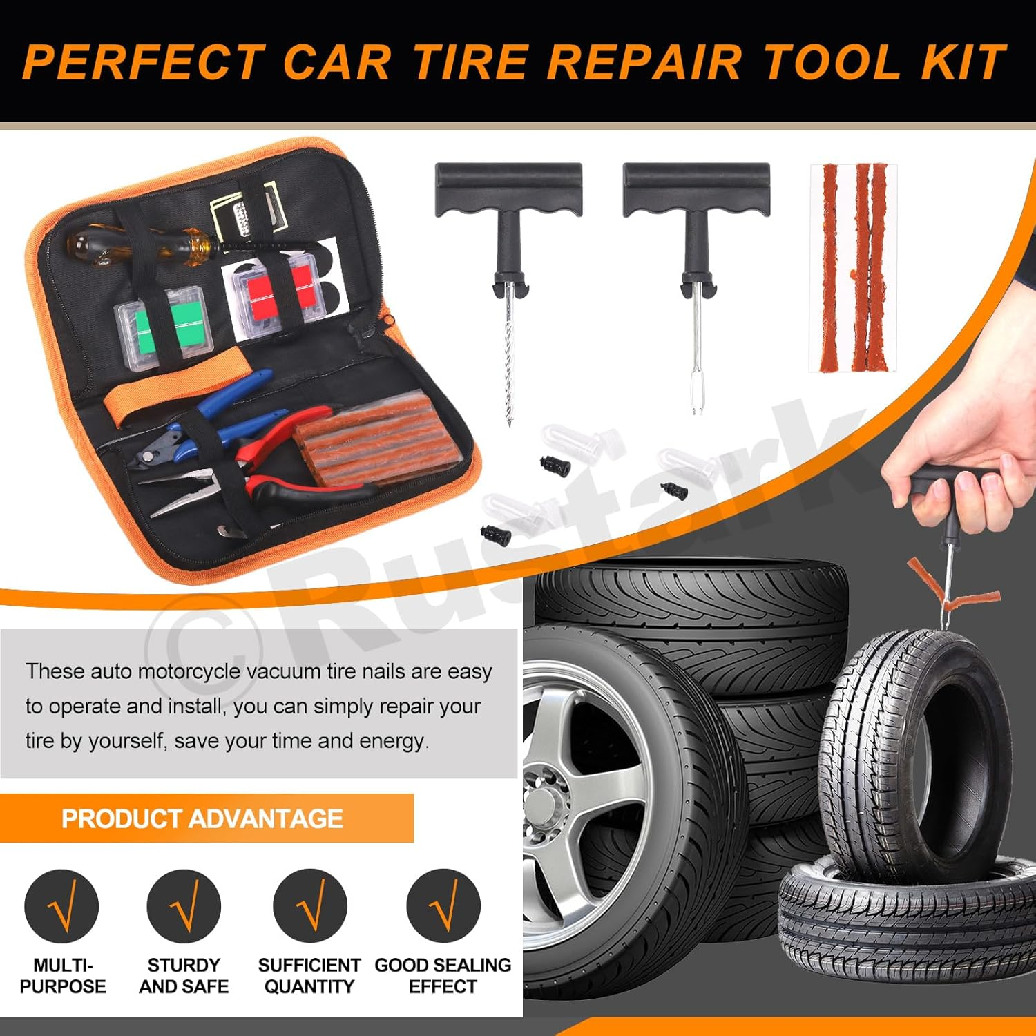 55Pcs Tire Repair Tool Kit Heavy Duty Tire Patch Kit with T-Handle Insert Tool, Tire Repair Patches, Vacuum Tyre Repair Nail Flat Tire Puncture Repair Tools for Cars, Motorcycle, SUV image number 2