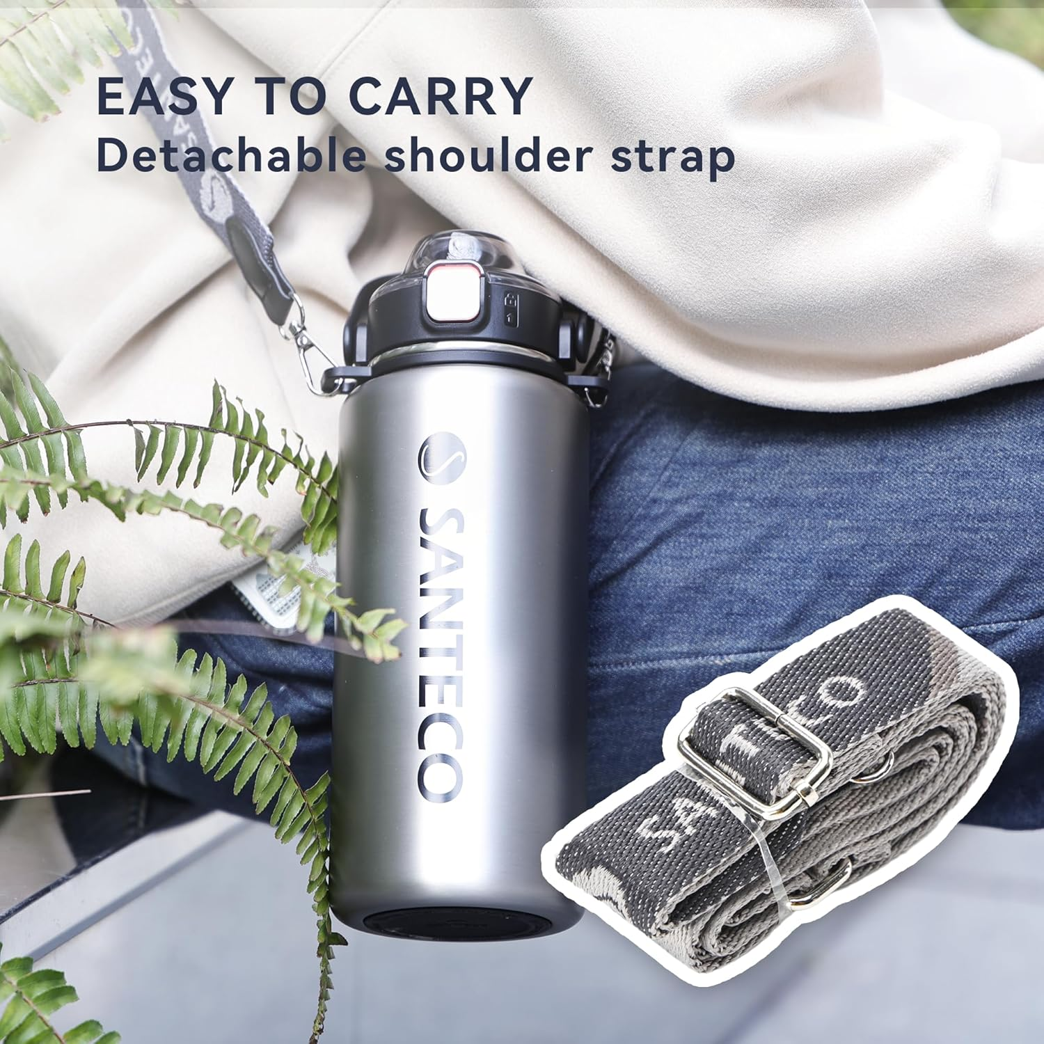 SANTECO 1.2L Vacuum Insulated Sports Water Bottle &ndash; Detachable Shoulder Strap, Leakproof, Keeps Hot 12H/Cold 24H, Wide Mouth with Straw (Silver, Stylish Design for Sports Drinks) - Steel image number 3