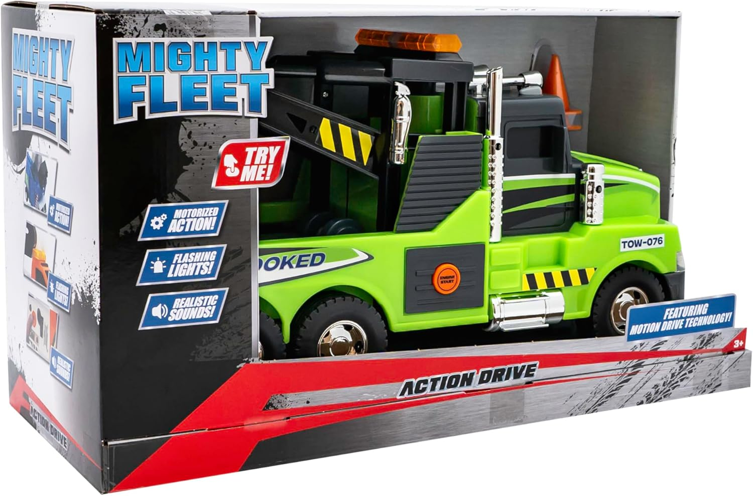 Mighty Fleet Action Drive 16" Interactive Tow Truck Toy W/Lights & Sounds, Motorized Winch, Motion Drive Action, Realistic Design & Batteries Included - Age 3+