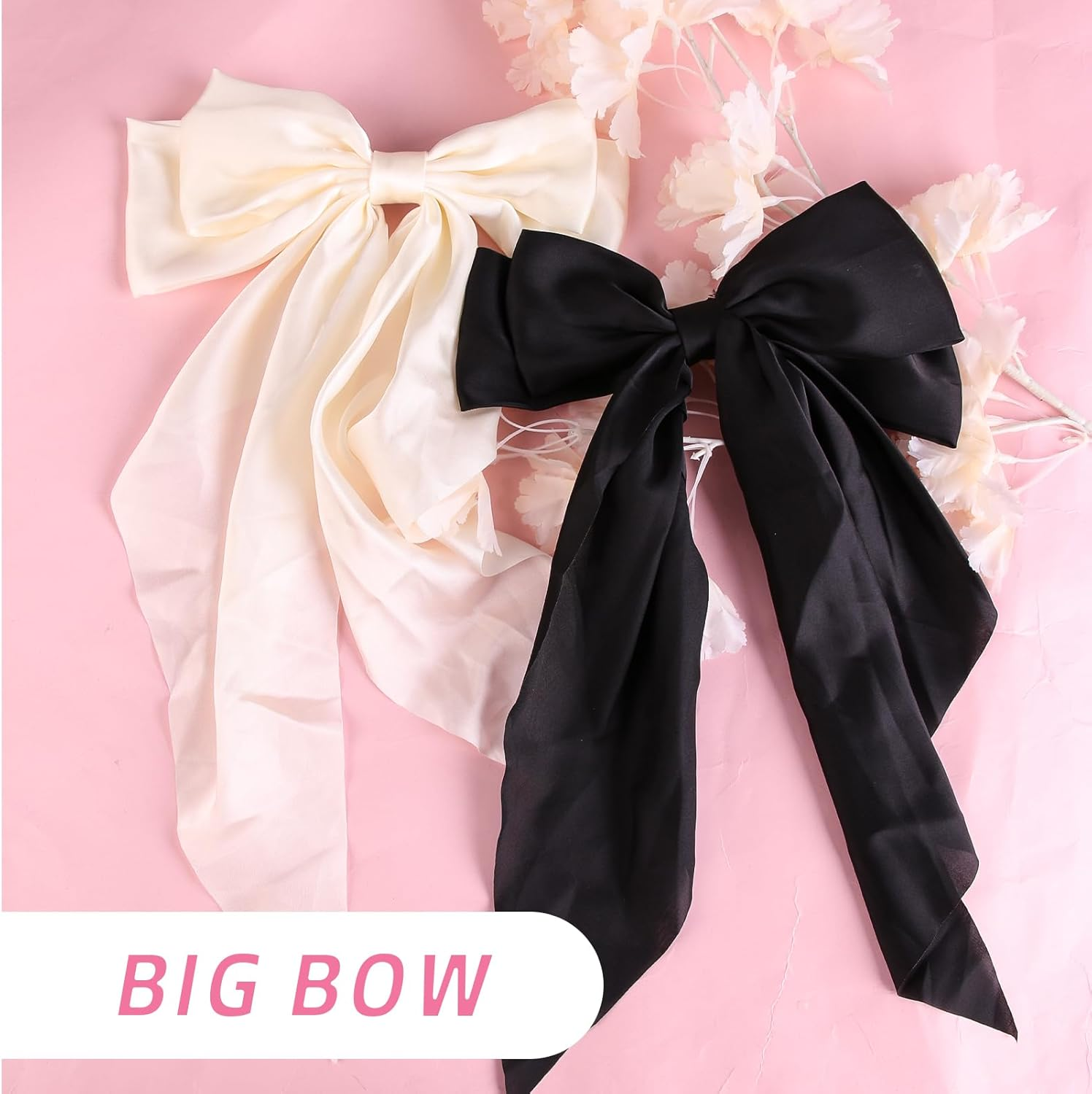 Ownkim Set of 2 Hair Bows for Women Silky Satin - Large Elegant Hair Clips for Women and Girls, Black and White image number 1