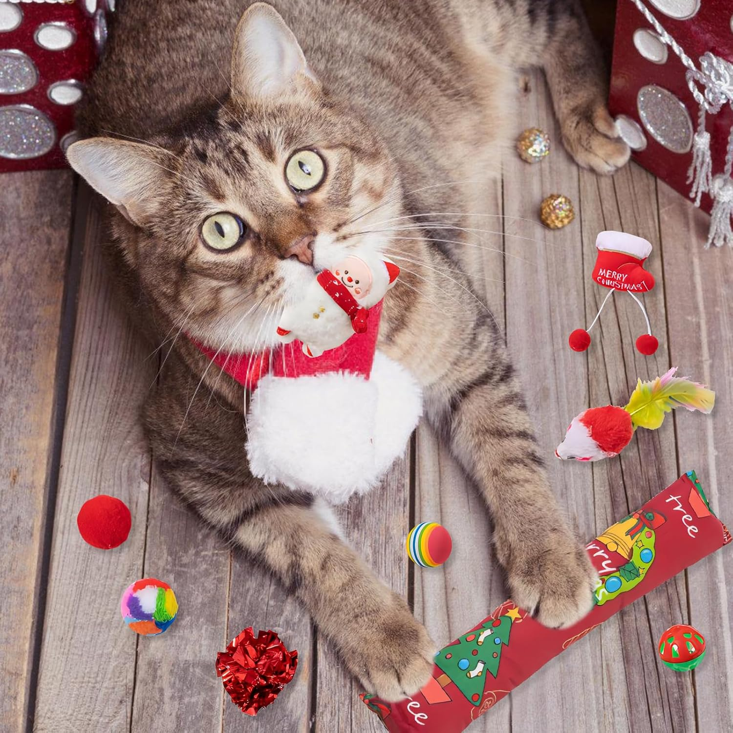 15 Pcs Cat Toys, Kitten Interactive Toys Set, Kitten Christmas Toy, Christmas Cat Toy, Cat Interactive Toys, Indoor Cats Kitten Fun Toy, with Fluffy Mouse Various Balls Feather Toy Cute Doll