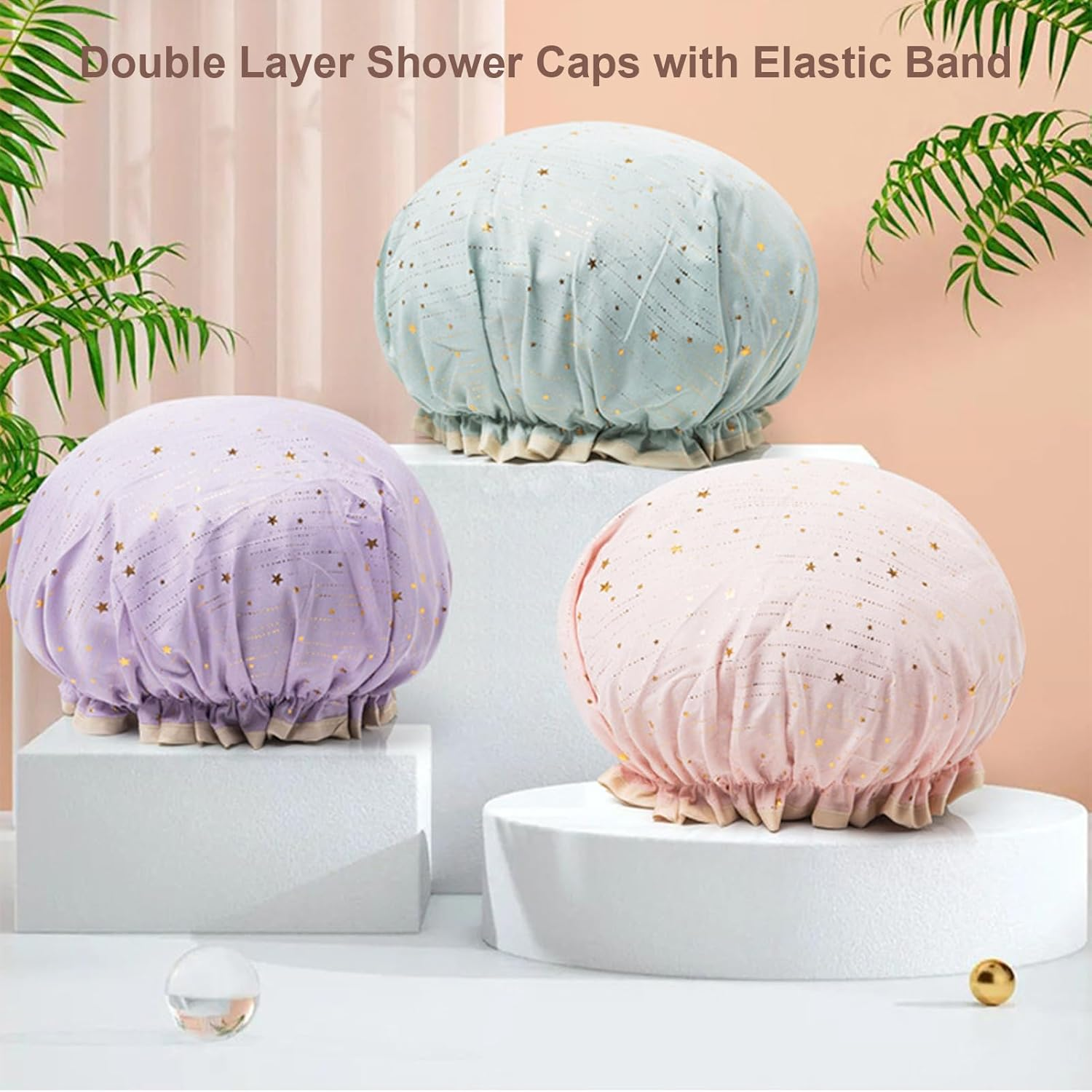 Shower Cap for Women,Elastic Double Layer Shower Caps,Reusable and Waterproof Bath Cap,Bath Hat for Women Long, Short and Curly Hairs