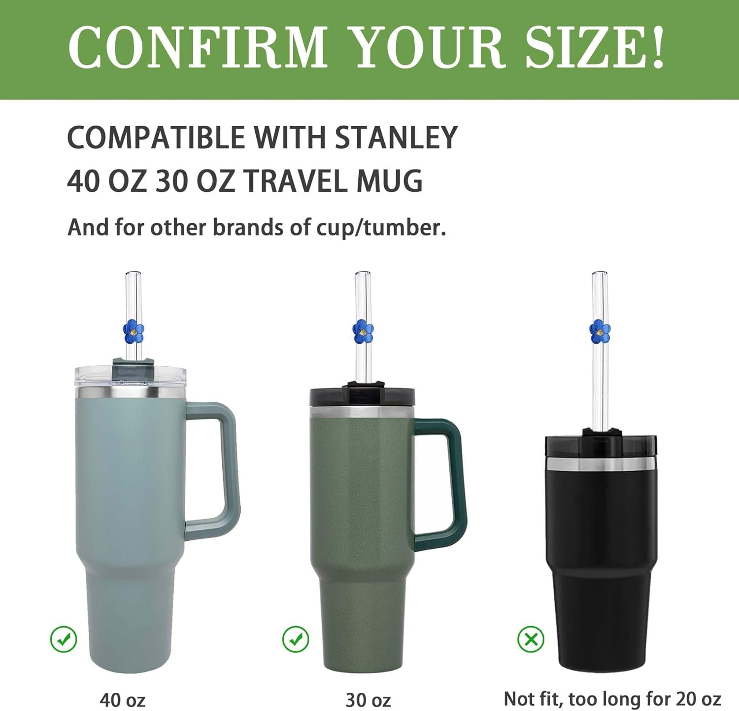 6 Pack Replacement Glass Straws for Stanley 40 Oz 30 Oz Tumbler, Cute Flower Glass Straws with Charms, Stanley Straw with Cleaning Brush Stanleys Cup Accessories - Flower image number 6