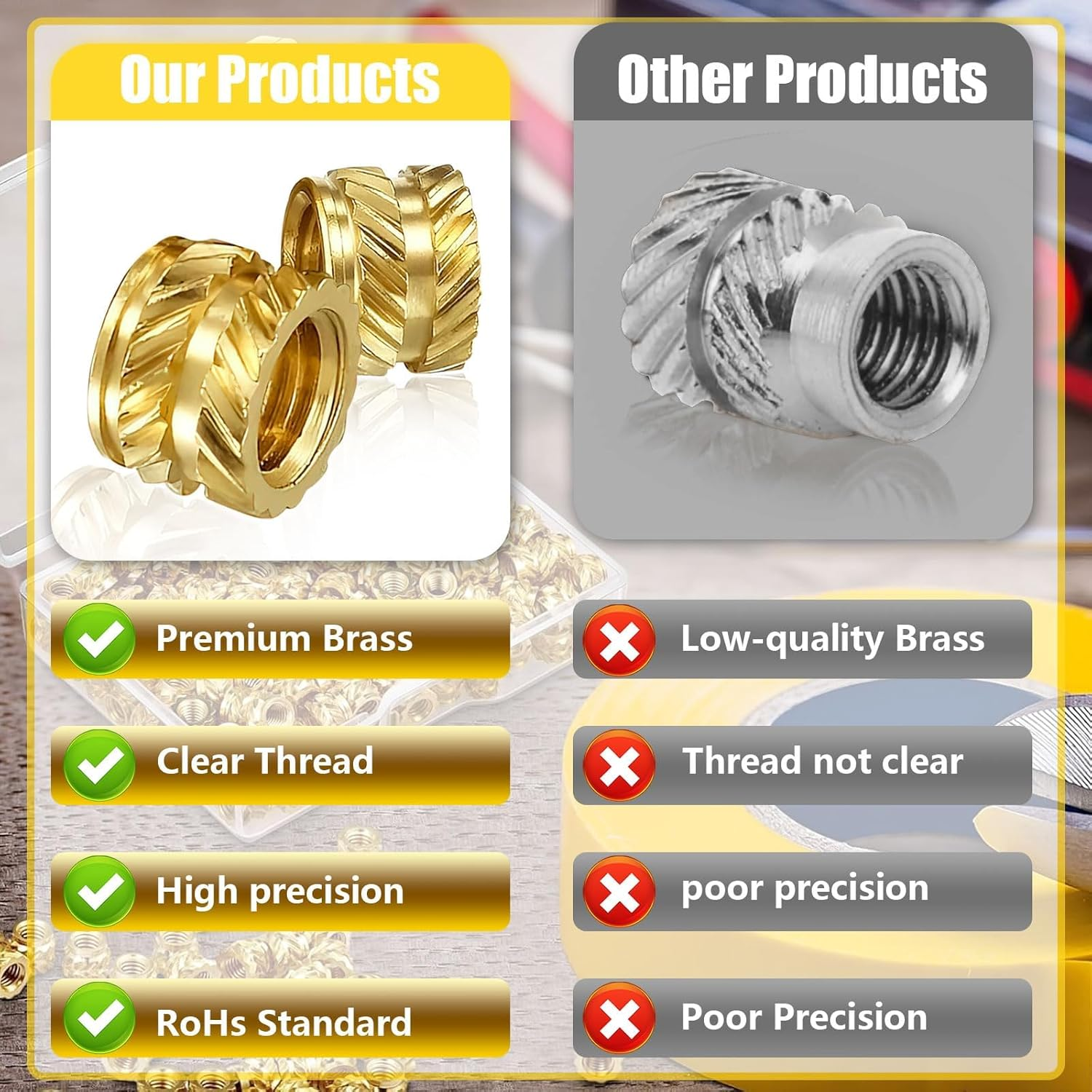 Threaded Inserts, 100 Pcs Knurled Brass Nuts, 3D Printing Brass Nuts for Wood, Plastic, Metal, Sheet Metal image number 1