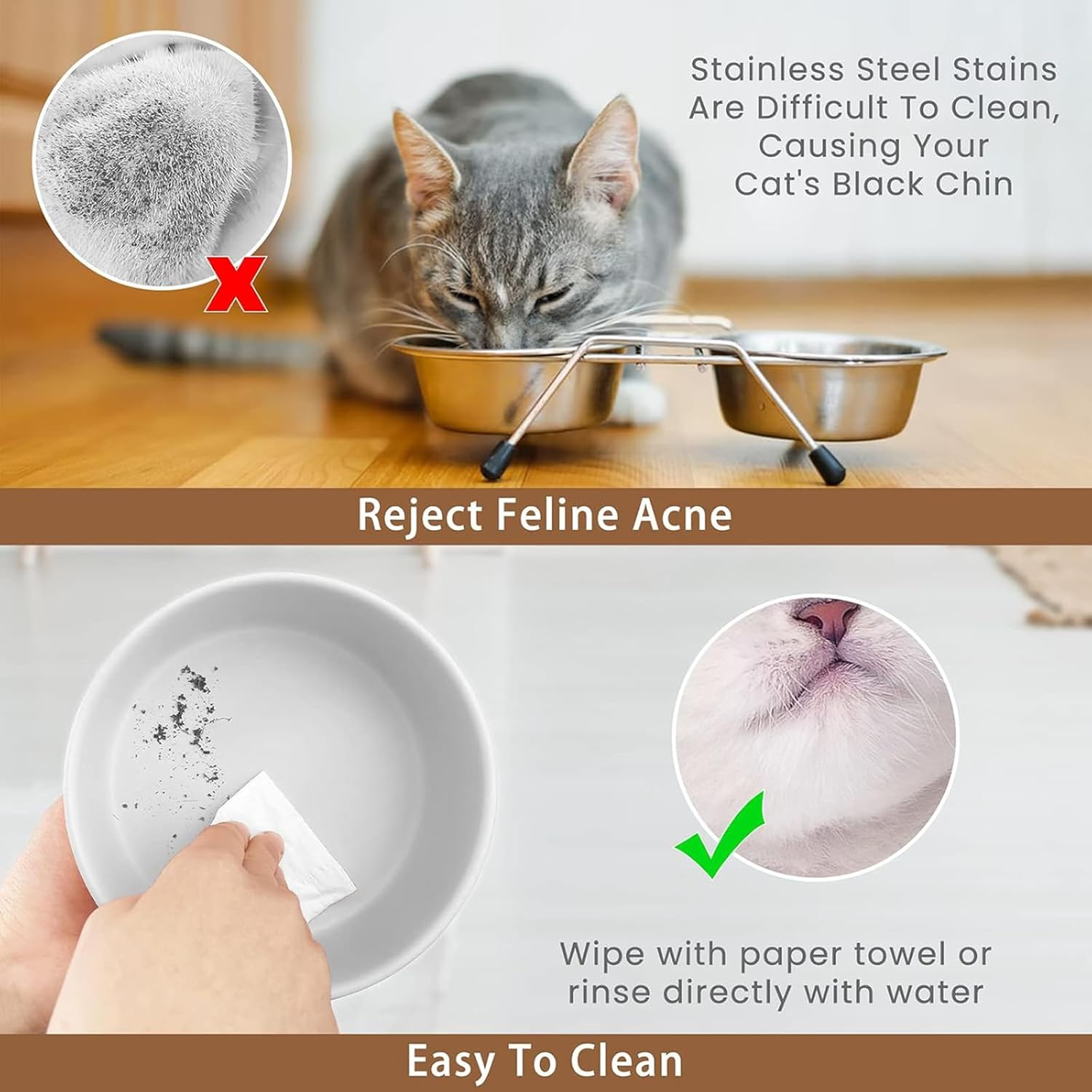 Ceramic Cat Bowl,Small Dog Food Bowl,With Wood Stand Non-Slip,Double White Bowls,Ceramic Bowl for Food and Water (800Ml/27Oz)