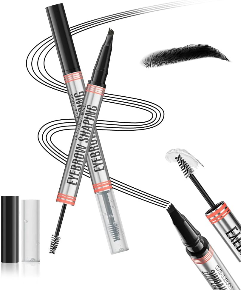 Wimode 2-In-1 Magic Eyebrow Pencil,Microblading 4-Fork Tip Liquid Eyebrow Pen with Eyebrow Brush Gel Waterproof Eyebrow Pencil Create Natural Hair-Like Brows Long-Lasting(4#Black)