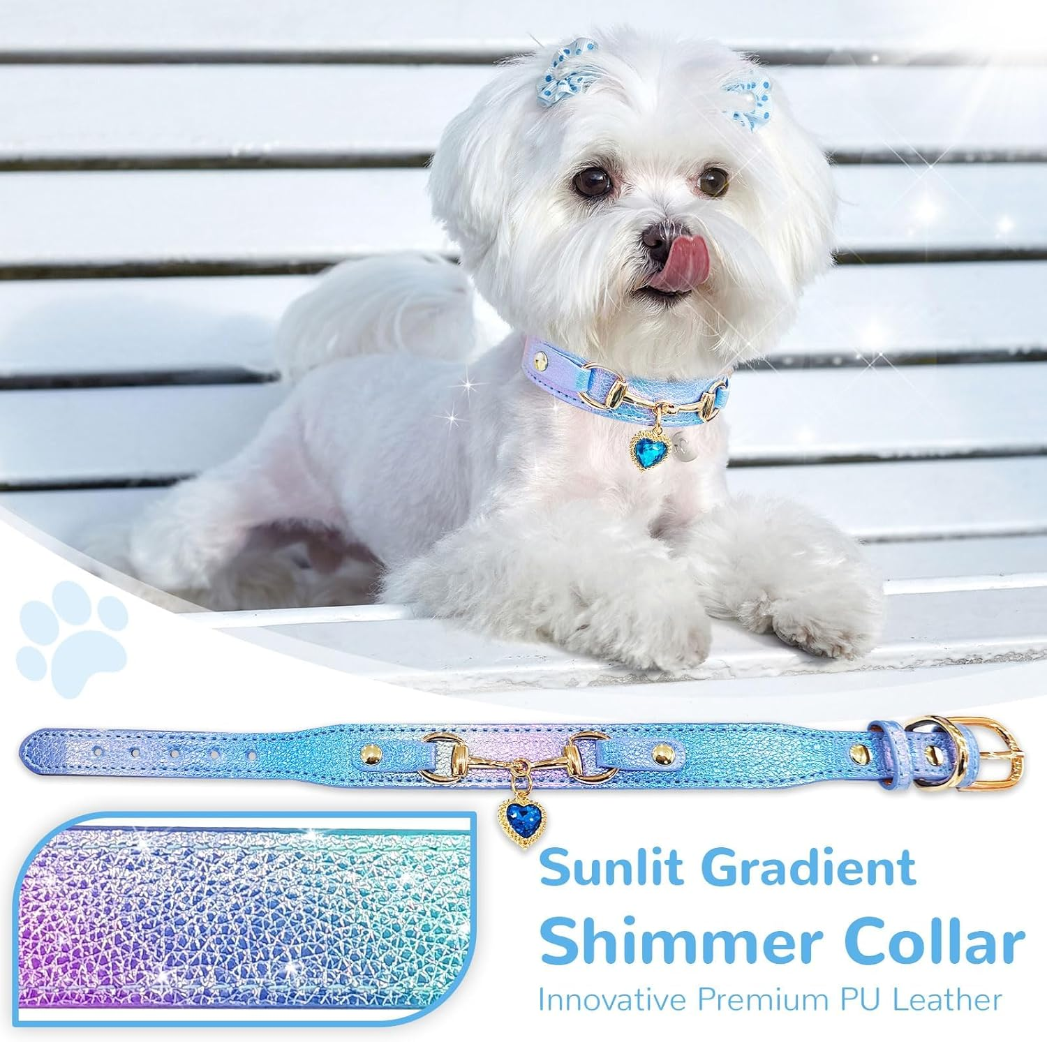 Cute Small Dog Cat Collar, Unique PU Leather - Bling Sparkle in the Sunlit, Puppy Collars with Rhinestone Heart Pendant, Pet Dog Necklace Collar Chihuahua (Blue, XS (Neck 8"-10"))