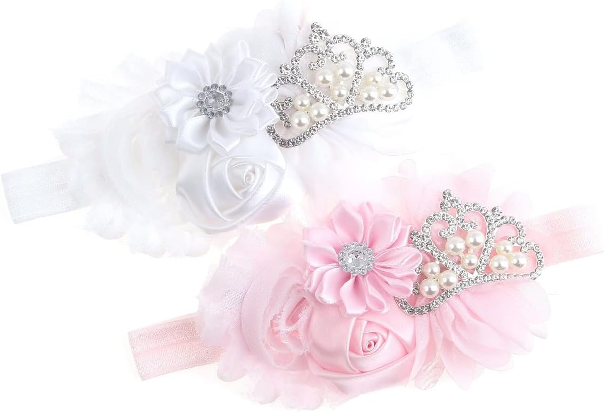 Nishine Baby Christening Headband Toddler Girls Fabric Flower Headband Tiara Stretchy Elastic in Pairs (Child, White/Pink) image number 3