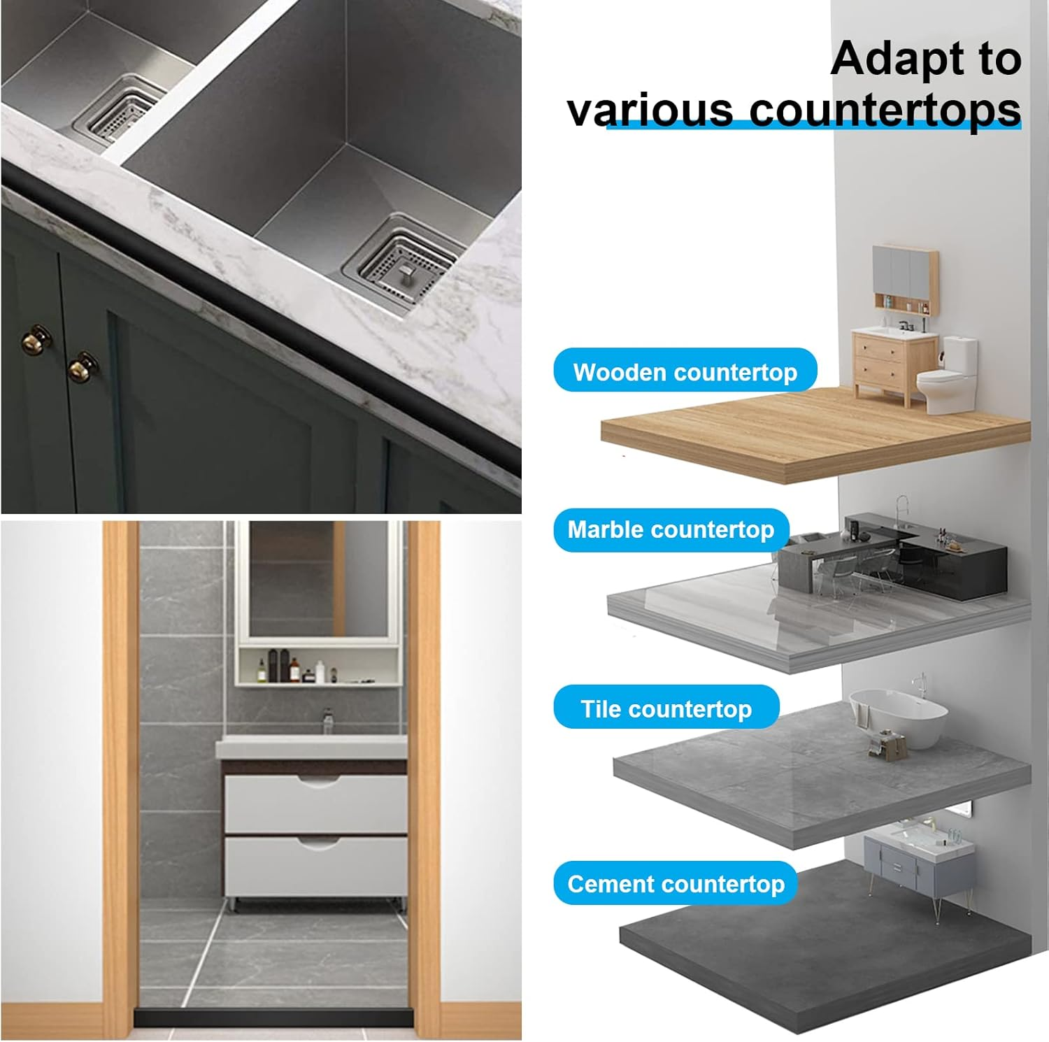 Shower Threshold Water Dam, Flexible Self Adhesive Silicone Sink Cooktop Water Barrier, Waterproof Water Strip Dam for Kitchen, Bathroom (150Cm, Black) image number 1