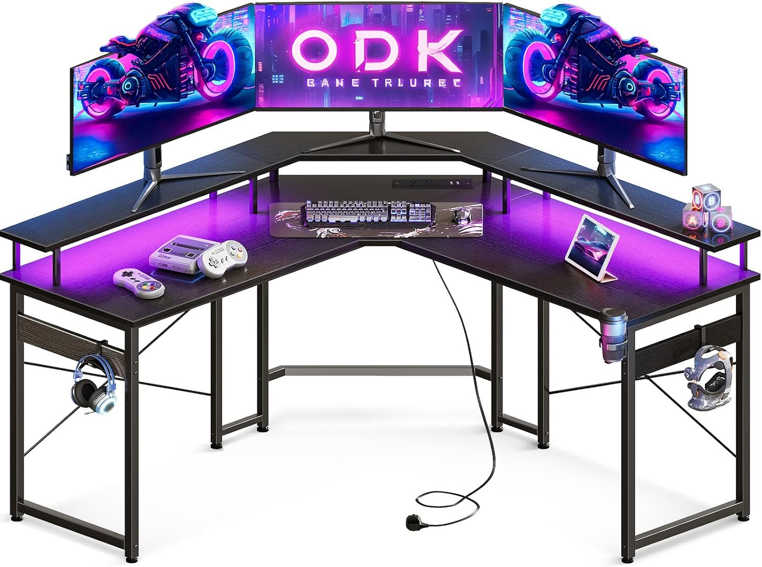 ODK L Shaped Computer Desk, Gaming Desk LED Light Strip and 2 USB 3 Charging Port, Gaming Table with Monitor Surface, Gaming Desks Workstations, Black