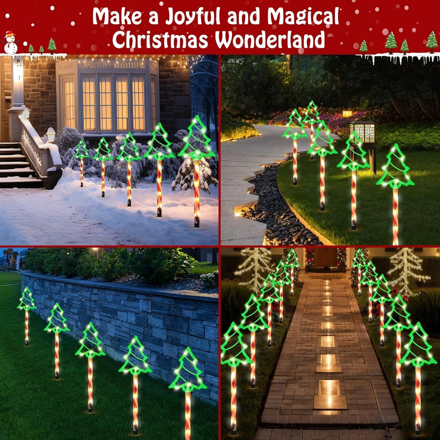 5 Pack Christmas Solar Pathway Lights Outdoor Decorations, 8 Modes Christmas Tree Candy Lights with 70 Leds, Waterproof Xmas Garden Stake Lights for Walkway Yard Lawn Porch Holiday Decor image number 2