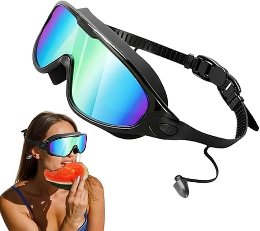 Swim Goggles Large Frame, Swimming Glasses for Children, Anti-Fog, Watertight, 180&deg; Wide Field of View Leak Proof Swimming Goggles with Ear Plugs, Nose Clips for Women Men Adult Teenagers