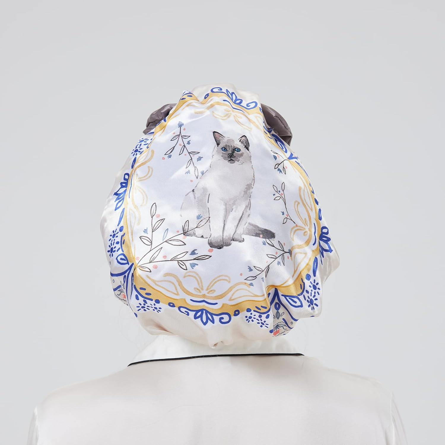 LONGDON HOMEONE EVA Plastic Large Shower Cap,Bowknot Shower Caps for Women Reusable Waterproof,Satin Bonnet,1 Pack. (Cat) - Bee image number 4