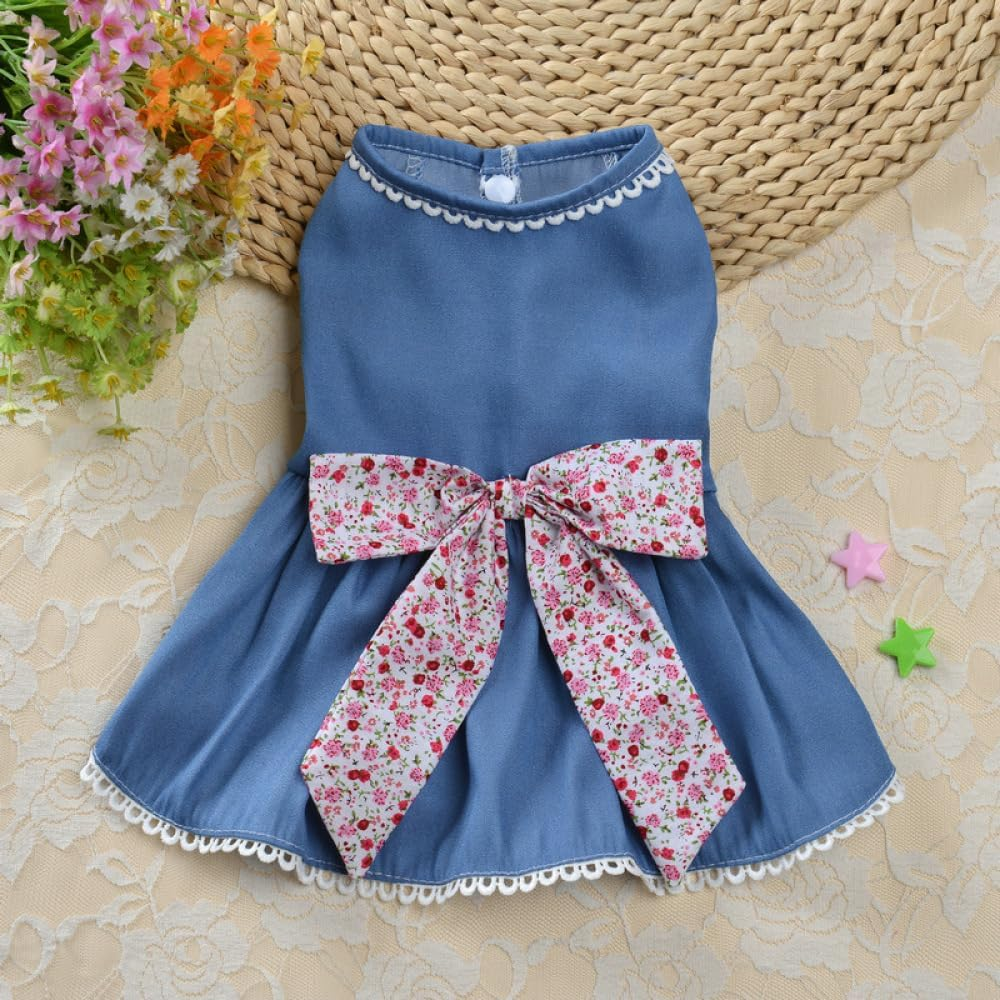 Summer Puppy Skirt Shirt Pet Bow Denim Skirt Lace Edge Skirt Small Medium Dogs Floral Denim Skirt Small Pet Vests Sundress for Small Medium Dogs Cats for Small Medium Dogs Cats