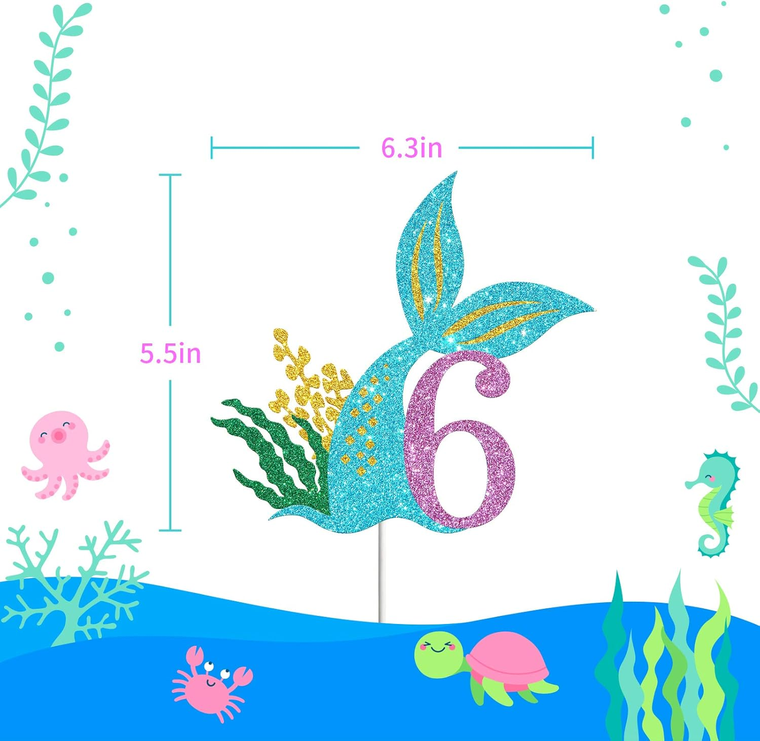 Mermaid Six Cake Topper, Happy 6Th Birthday Cake Decor, I'M Six Sign, Little Mermaid Birthday Party Decoration Supplies, Daughter of the Sea, under the Sea Themed, Ocean Themed - Glitter image number 4