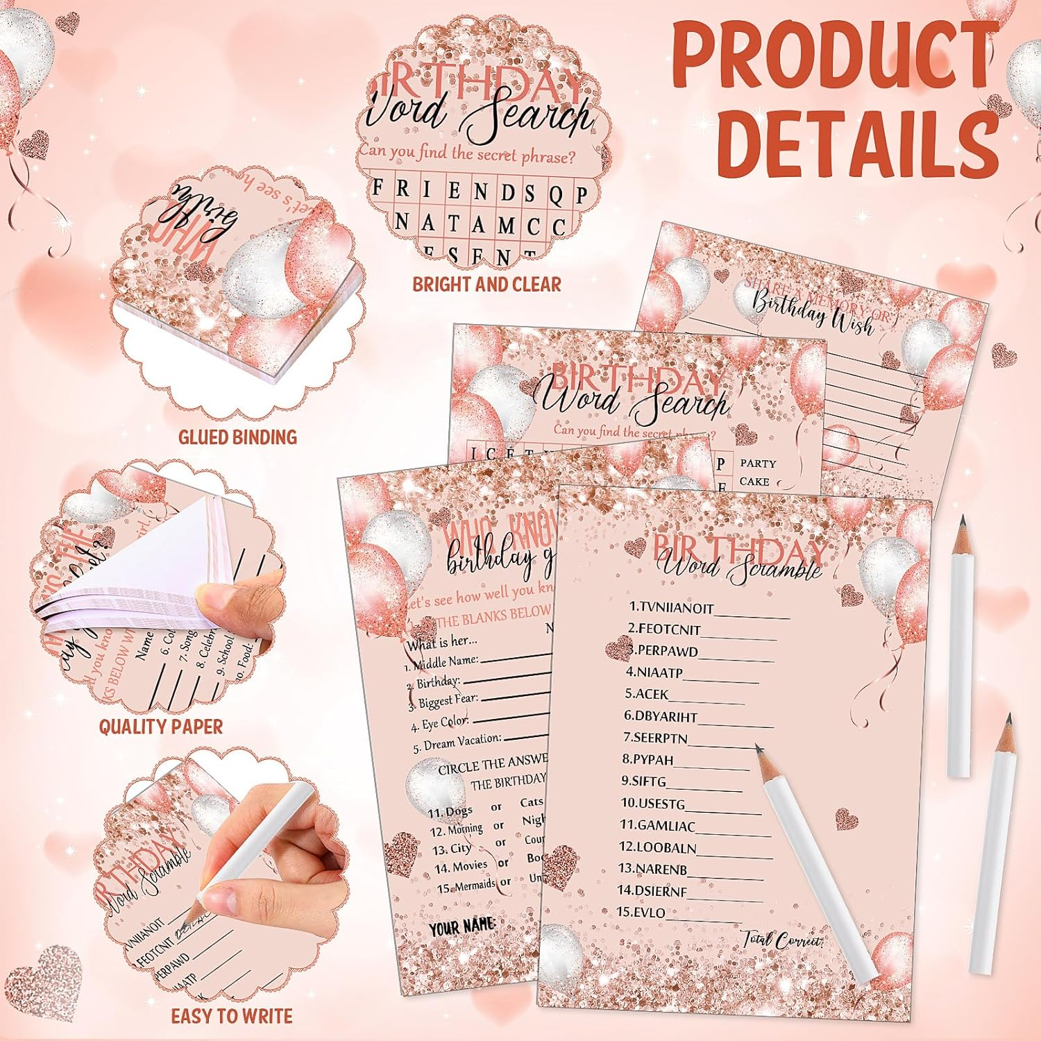 Birthday Party Cards 100 Pcs Who Knows the Birthday Girl Cards with 20 Pencils Girly Pink Sprinkles Birthday Cards Set for Child Teen Adults Sweet Sleepover Party Supplies, 4 Activities