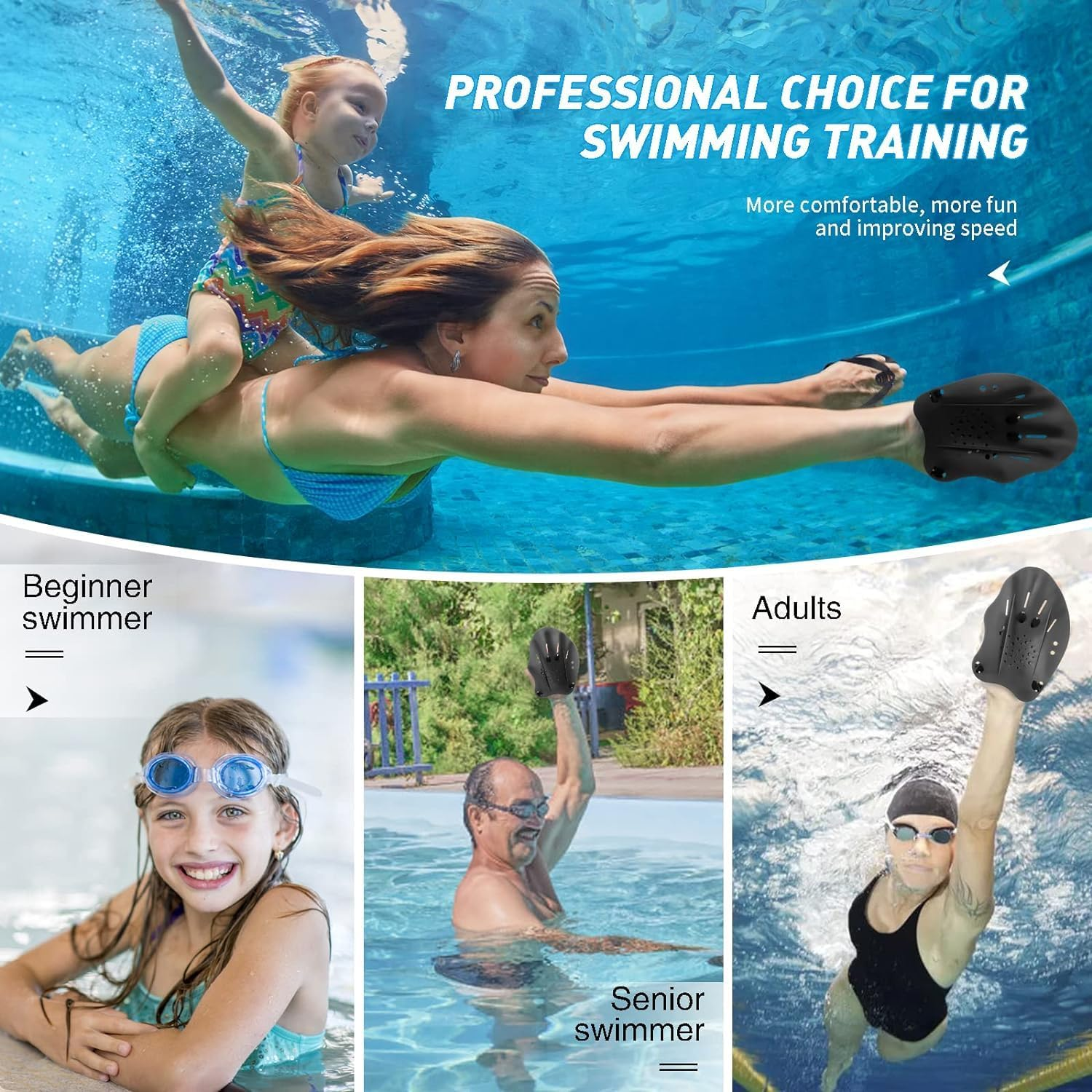 THJOPOKEEL Swim Paddles Hand, Swim Paddles for Lap Swimming - Swim Hand Paddles with Adjustable Straps, Swimming Equipment for Women Men Children (1 Pair) - Grey image number 5