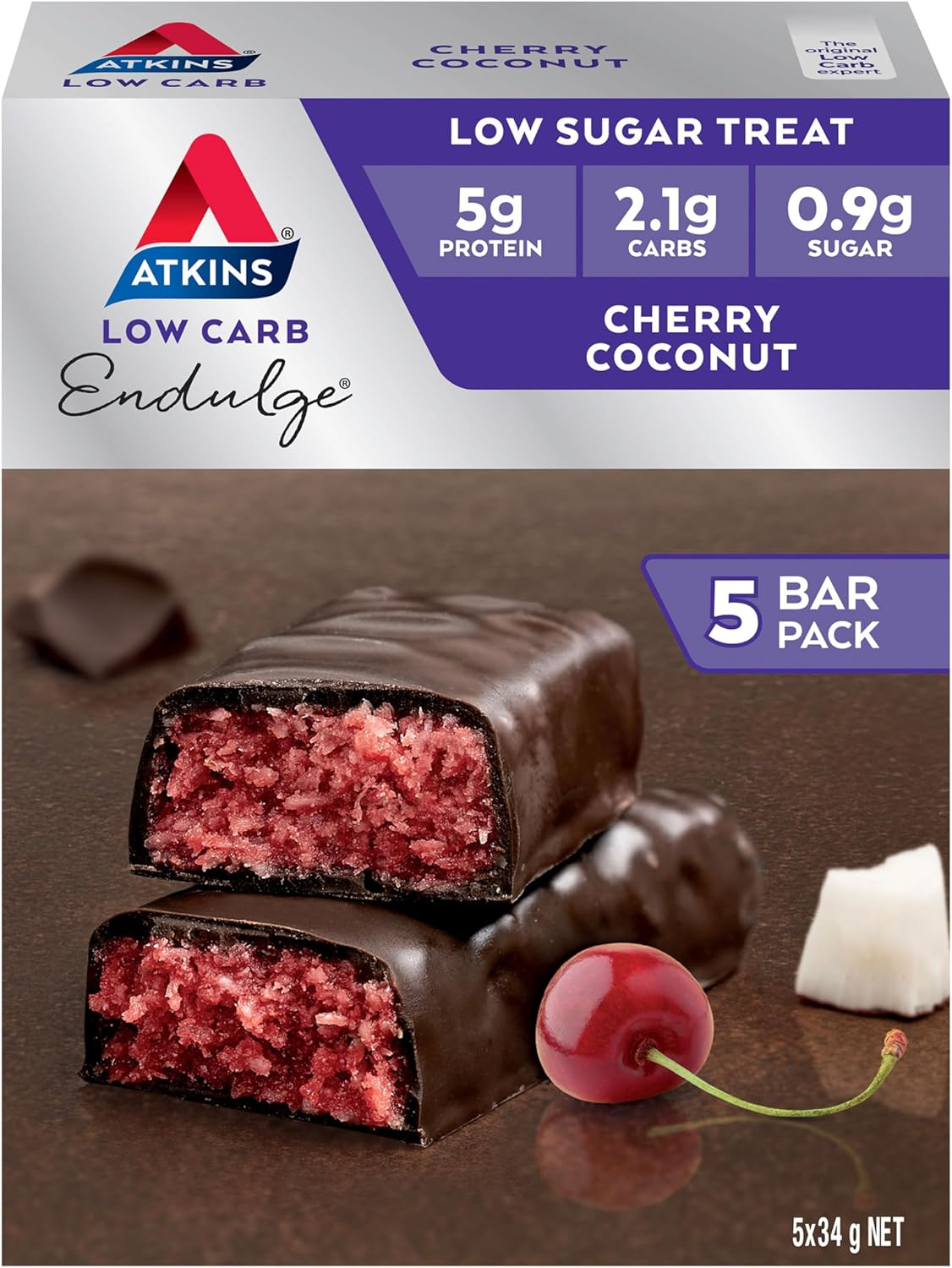 Atkins Endulge Cherry Coconut Bars | Keto Friendly | 5 X 34G Low Carb Coconut Bars | Low Carb, Low Sugar, High Fibre | 5 Bar Pack image number 2