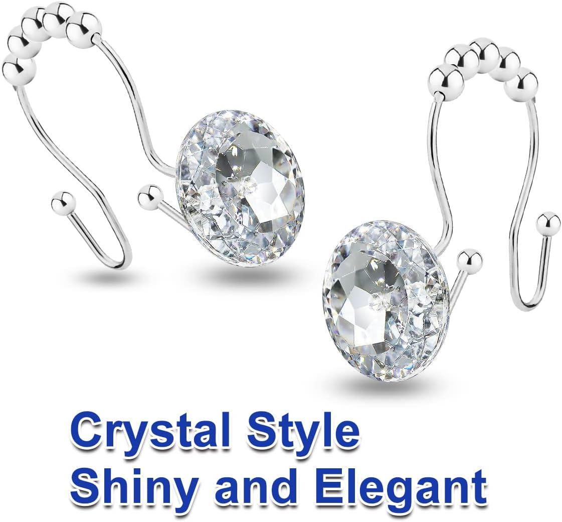 Yapicoco 12PCS Shower Curtain Hooks Rings for Bathroom, Double Hooks Glide anti Rust Crystal Rhinestones Hooks Rods Curtains and Liner (Crystal White) - Aqua Blue image number 7