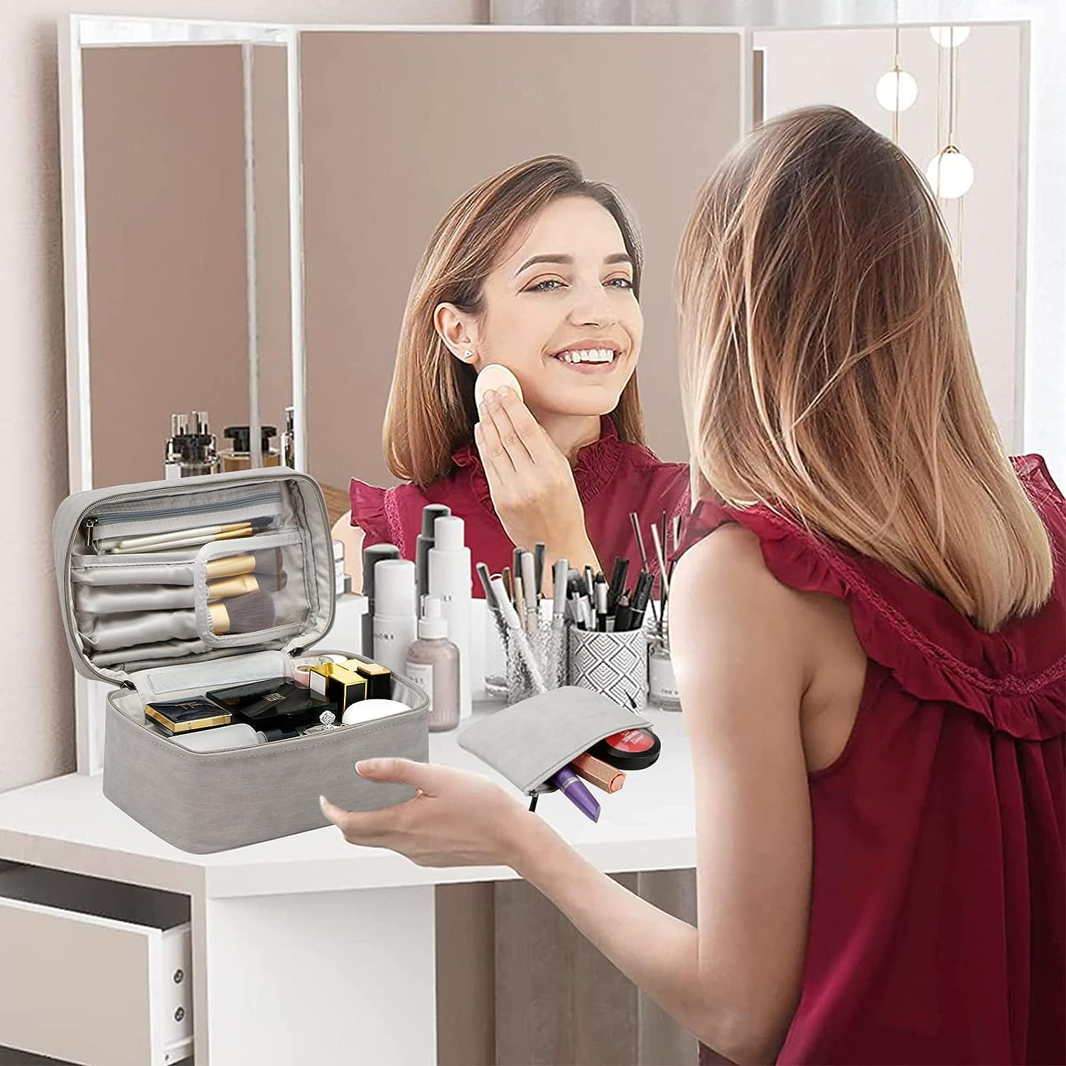 Makeup Bag Cosmetic Bag, 1+1 Travel Makeup Organizer with Makeup Brushes Compartment, 9 X 6Inch Multifunctional Toiletry Bag Portable Waterproof Make up Pouch for Women Girls (Grey) image number 6