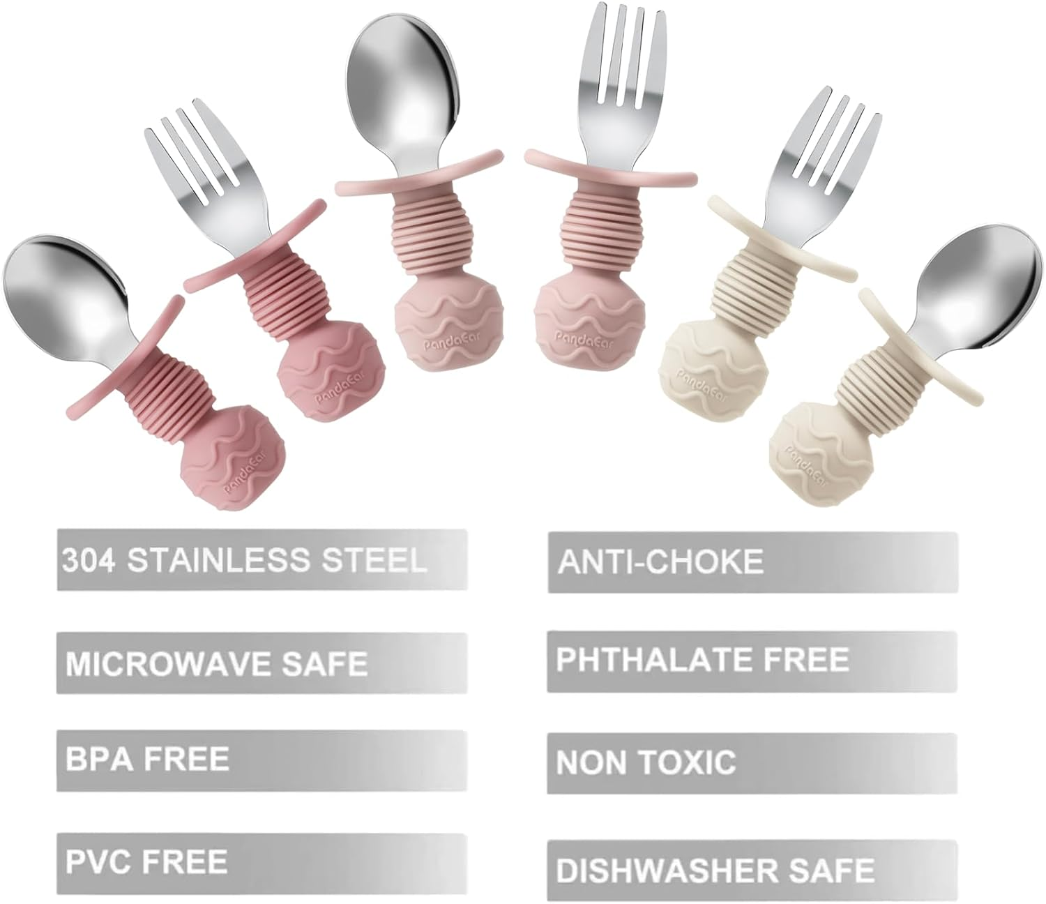 Pandaear 6 Pack Stainless Steel Toddler Spoons and Fork Feeding Set - Anti-Choke First Self Feeding Utensils for Kids Baby Girls Led Weaning Ages 18 Months+ (Pink/Beige) image number 3