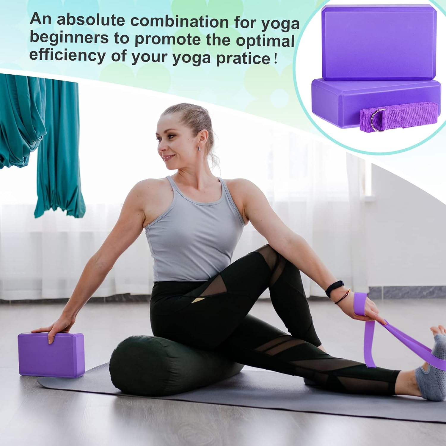 18 Pcs Yoga Block and Yoga Strap Set EVA Foam Yoga Blocks 9 X 6 X 3 Inches Non Slip Yoga Brick 8 Ft Yoga Straps for Stretching D Ring Strap for Yoga Pilates Fitness Workout Exercise image number 4
