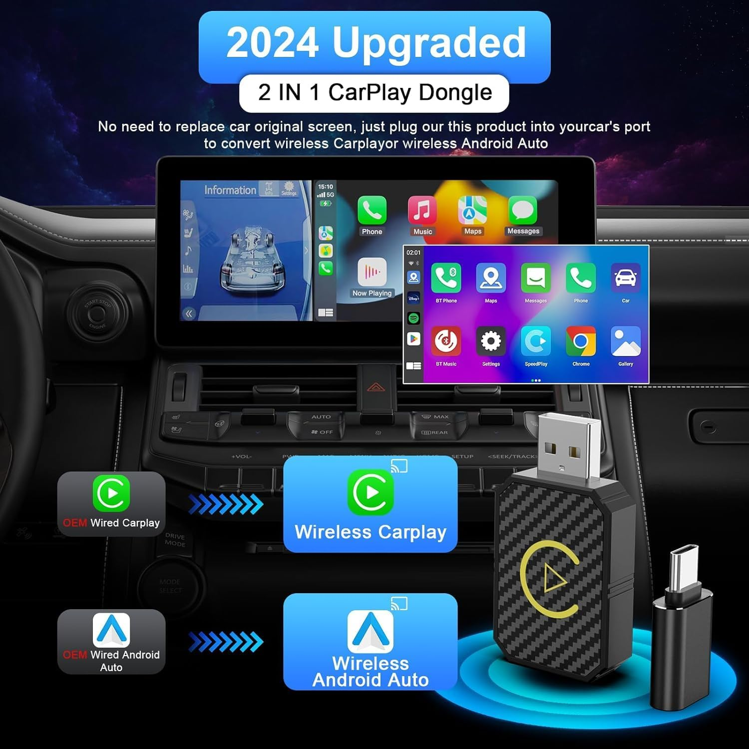 Mini Wireless Carplay and Wireless Android Auto Adapter 2024 for Iphone/Android, Carplay Wireless Dongle Plug and Play Low Latency Converts Wired to Wireless Carplay for Cars 2016+ image number 4