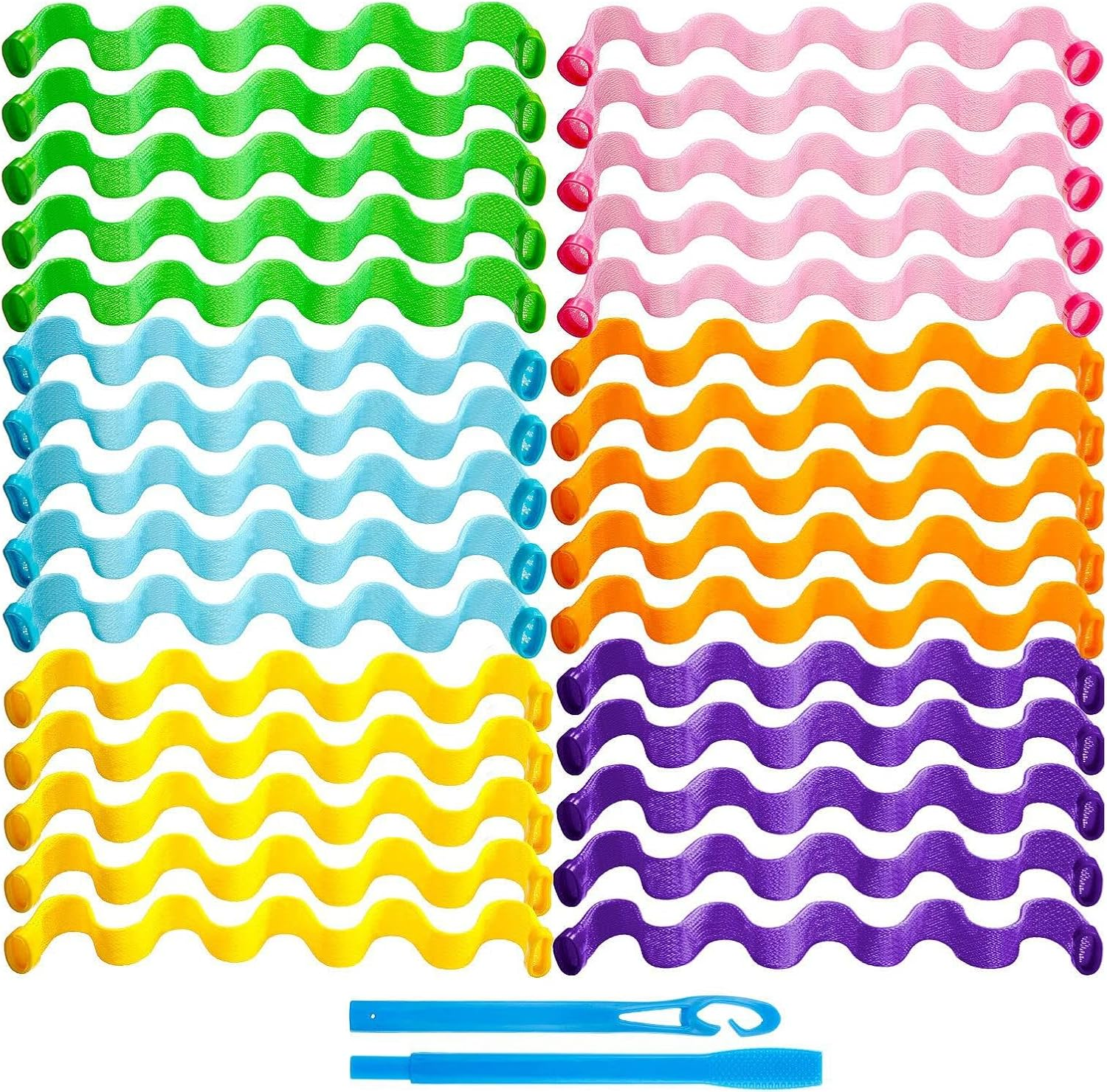 Nhgkju Set of 30 Heatless Hair Rollers - Spiral Wave - 6 Colours (Pink, Orange, Purple, Green, Blue, Yellow) - Ideal for Shoulder Length Hair - No Heat Processing. Includes 2 Styling Rods image number 3