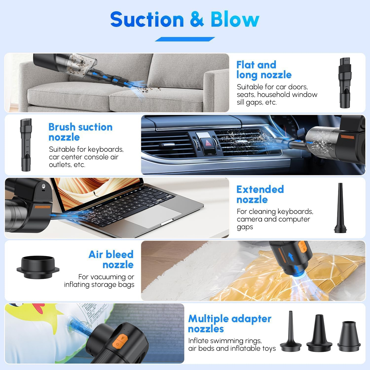 GALENPOO Cordless Handheld Vacuum Cleaner for Home/Office/Car/Swim Ring/Airbed, 120000RPM Brushless Motor 35Kpa Strong Suction, Rechargeable Battery, LED Light, Portable Rotary