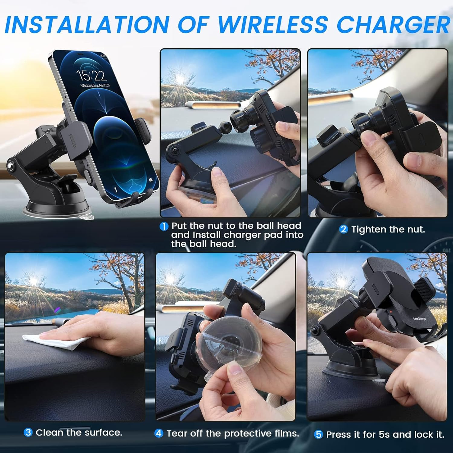 Wireless Car Charger, Fast Charging 15W Auto Clamping Car Charger Phone Holder Phone Mount for Iphone15 14 13 12 11 Pro Max Xs, Samsung Galaxy S23 Ultra S22 S21 S20 S10+ Note 9, Etc image number 3