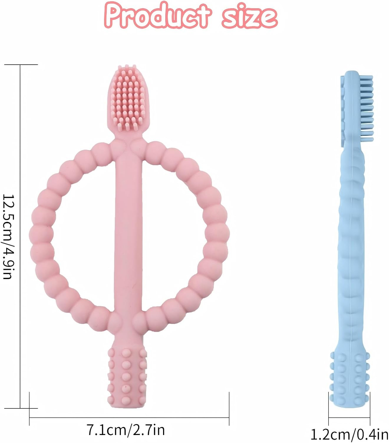 2 Pack Baby Teething Toys, Silicone Infant Toothbrush, Textured on Both Sides Helps Massage, Soothe Sore Gums, Baby Chew Toys for Sucking Needs, Teething Toys for Babies 6 + Months (Blue & Pink) - Green  Caramel image number 2