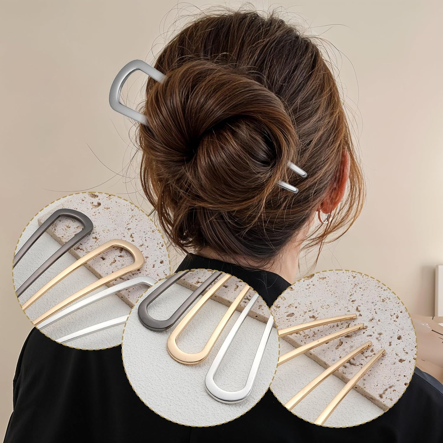 4 Pieces French Twist Hair Pin, U Shape Metal Hair Pin, Large French Bun Chignon Tool for Girls, Various Hair Types, Styling Accessories