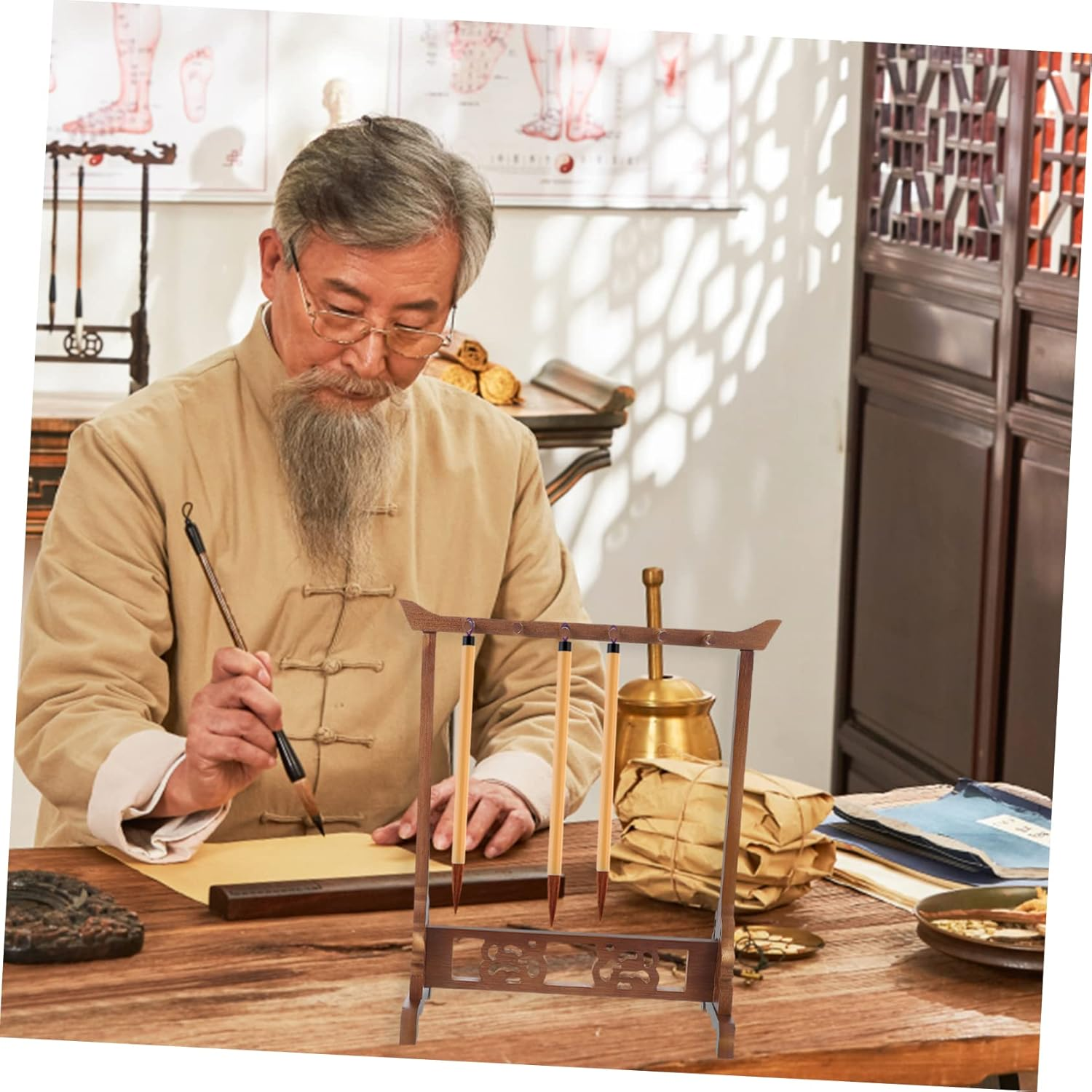 KICHOUSE Creative Nan Bamboo Brush Pen Rack and Holder Desktop Organiser for Students Calligraphy Storage Vintage Style Small Decorative Stationery Accessory image number 3