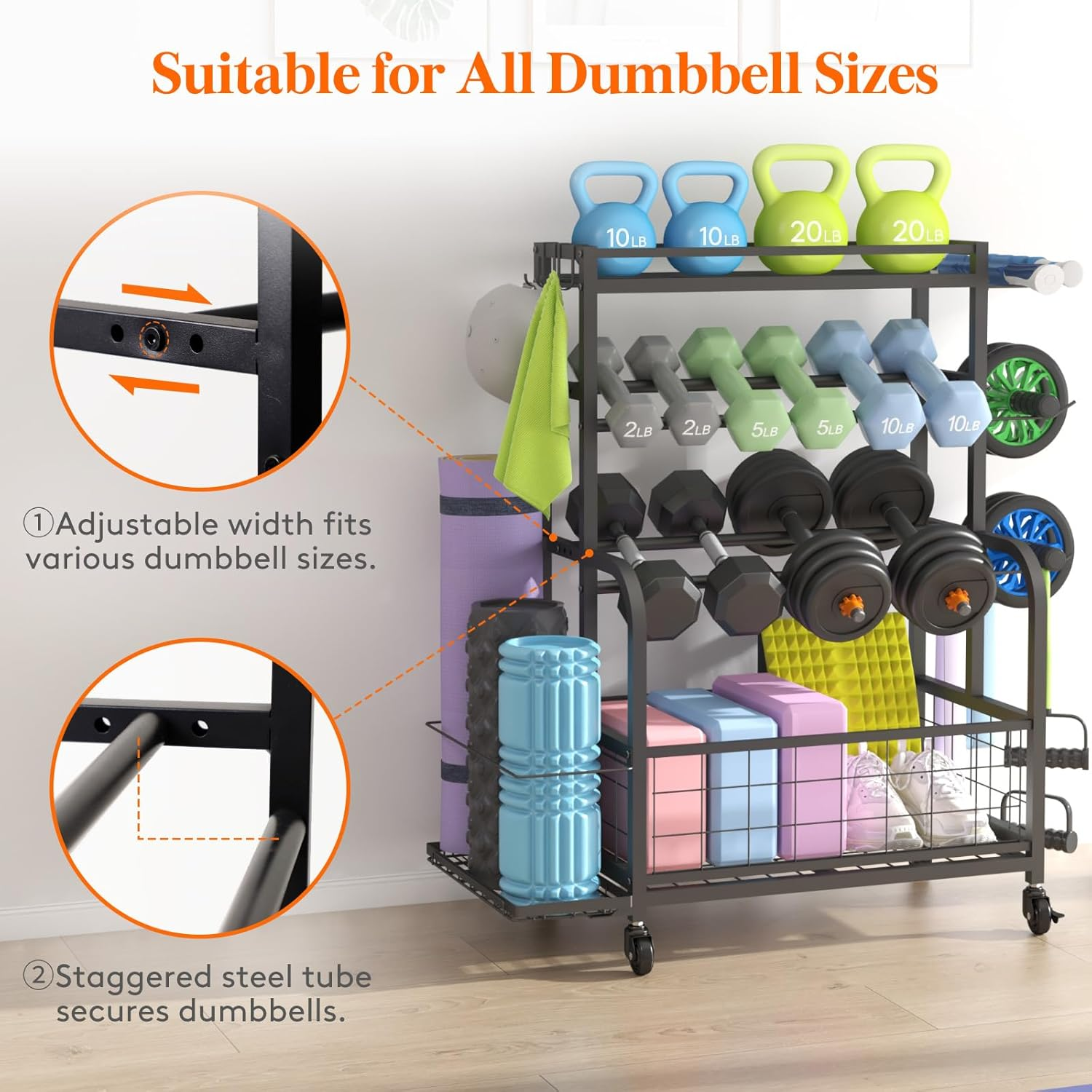 Lifewit Weight Rack for Home Gym, Dumbbell Rack, Kettlebell Rack, Yoga Mat Holder, Home Gym Storage with Wheels for Strength Training image number 5