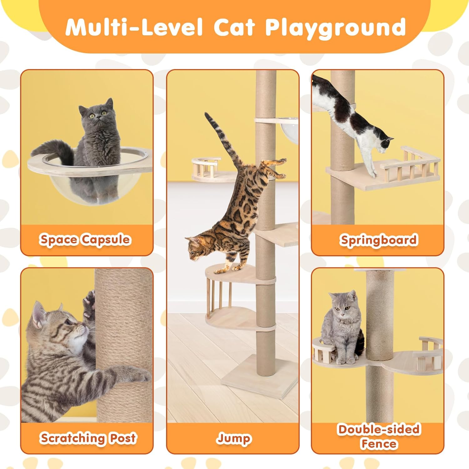 Advwin Floor to Ceiling Cat Tree Tall Cat Tower, Adjustable Height (230-275Cm), 6 Tiers Cat Scratching Post Natural Sisal Rope Cat Tree Cat Modern Activity Tree for Indoor Cats image number 2
