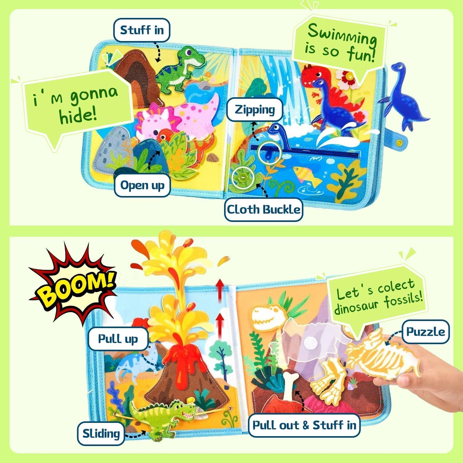 Kukelen Busy Board Quiet Book,Busy Montessori Toys for Toddlers 3-6, Dinosaur Busy Book for Boys, Preschool Learning Toy for Kids image number 2