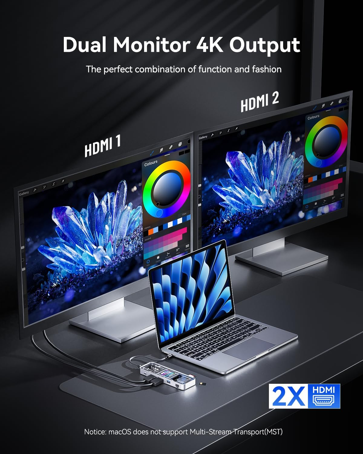 DOCKCASE Explorer Edition 10-In-1 USB C Hub, Dual 4K HDMI USB C Adapter, Gigabit Ethernet,1 USB-C and 3 USB-A Ports,100W PD Power Delivery, UHS-II TF/SD Card Reader for Macbook Pro,And More (Silver) - Black image number 3