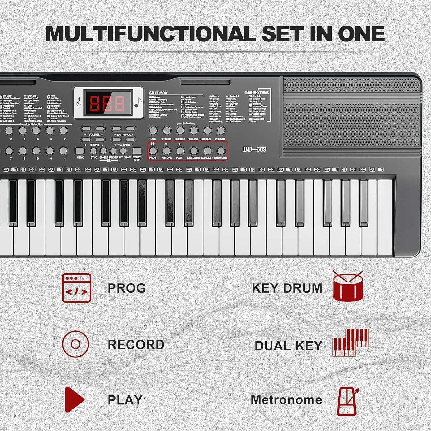UMOMO 61 Keys Electronic Piano Keyboard Set with Stand and Bench, Portable Digital Keyboard with Microphone, Music Stand, Adaptor Power for Beginner, Black image number 3