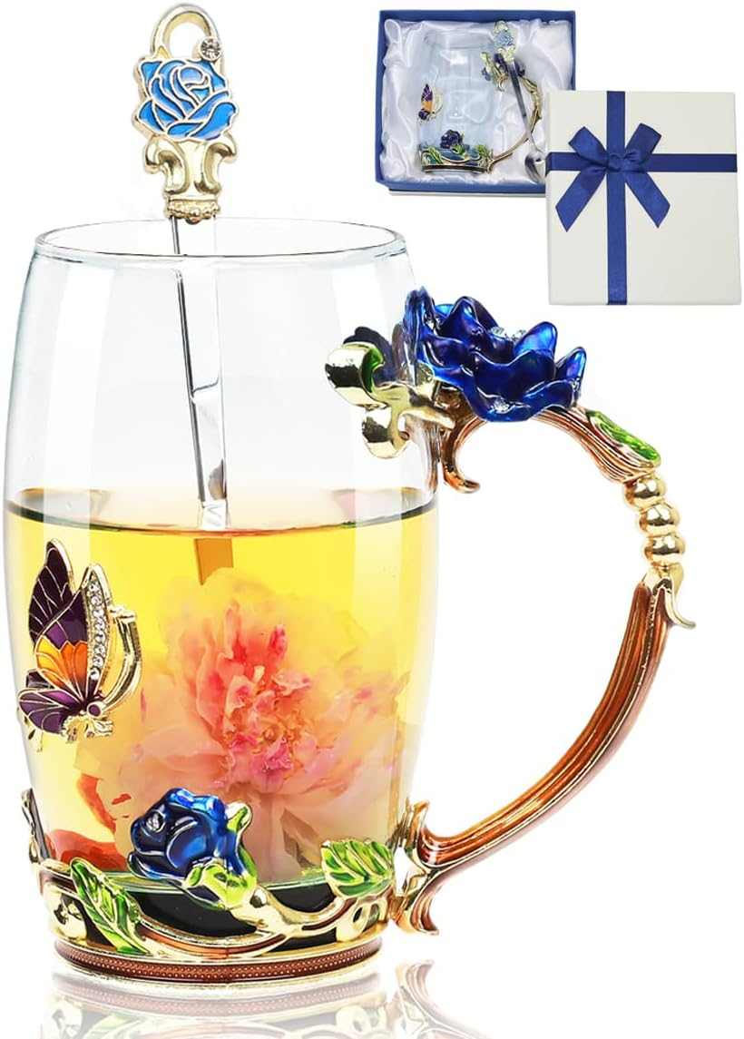Flower Tea Cup,Butterfly Daisy Glass Fancy Coffee Mug with Spoon,Gift Box for Her Mom Wife Grandma Girls Friends Valentines Christmas Birthday Present Idea for Juice,Hot/Cold Drinks Use (Red Rose)