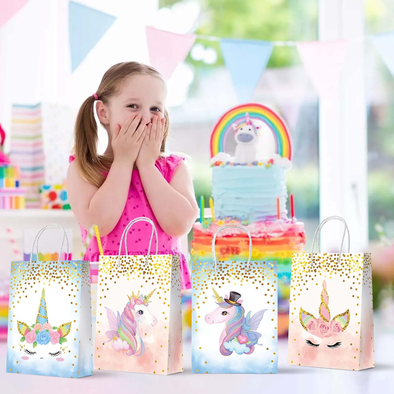 24Pcs Unicorn Party Favor Bags Unicorn Goodie Gift Treat Candy Bags Reusable Goody Kraft Paper Bag with Handle for Party Supplies Birthday Decorations image number 3