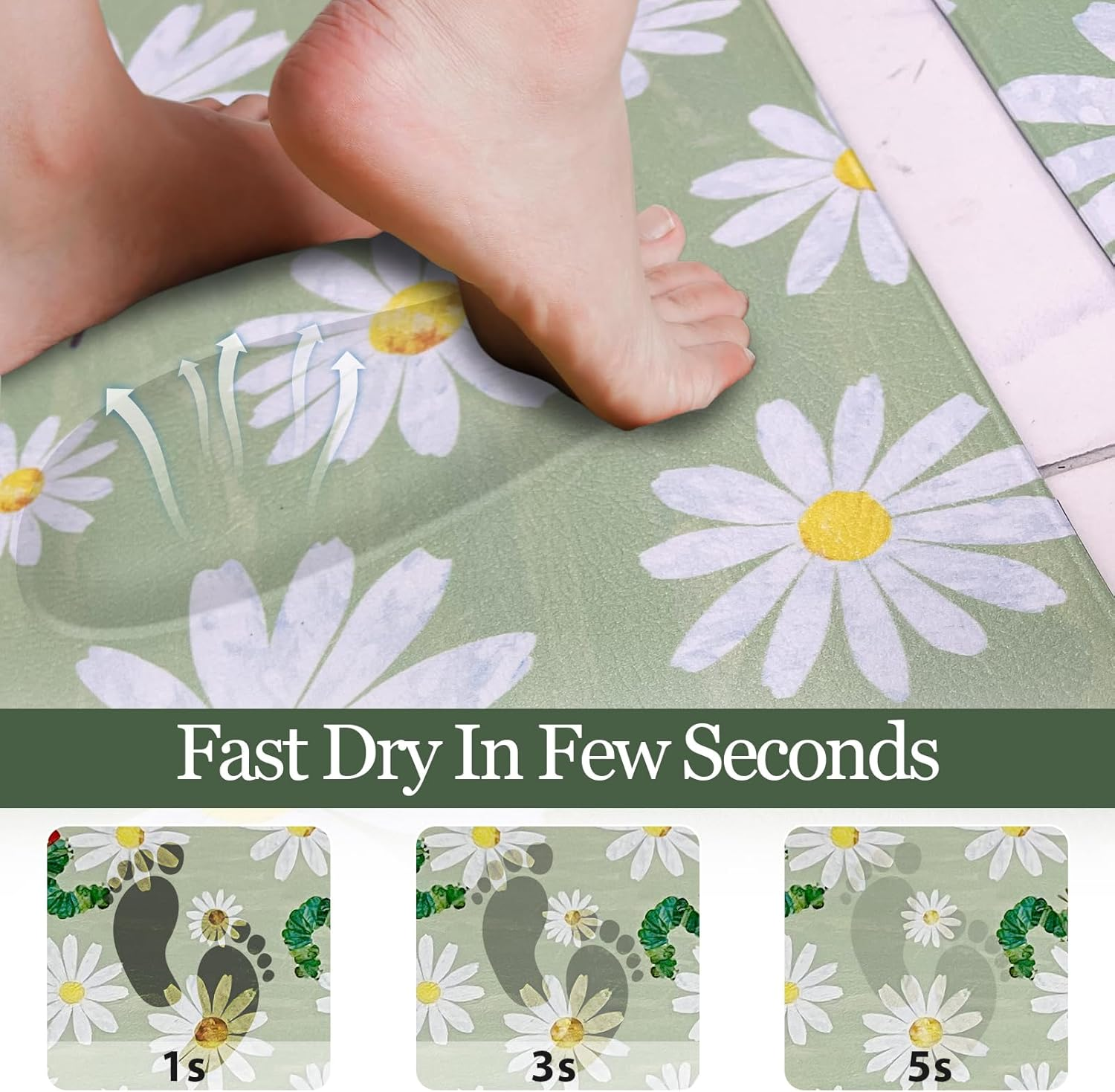 Colorful PVC Kitchen Mats, Non Slip Kitchen Mats for Floor Cushioned Kitchen Rugs and Mats, Waterproof Toilet Mat for Kitchen,Home, Bathroom,Floor,Sink,Laundry (Green Flower, 55 * 60Cm) - Colorful Pattern image number 2