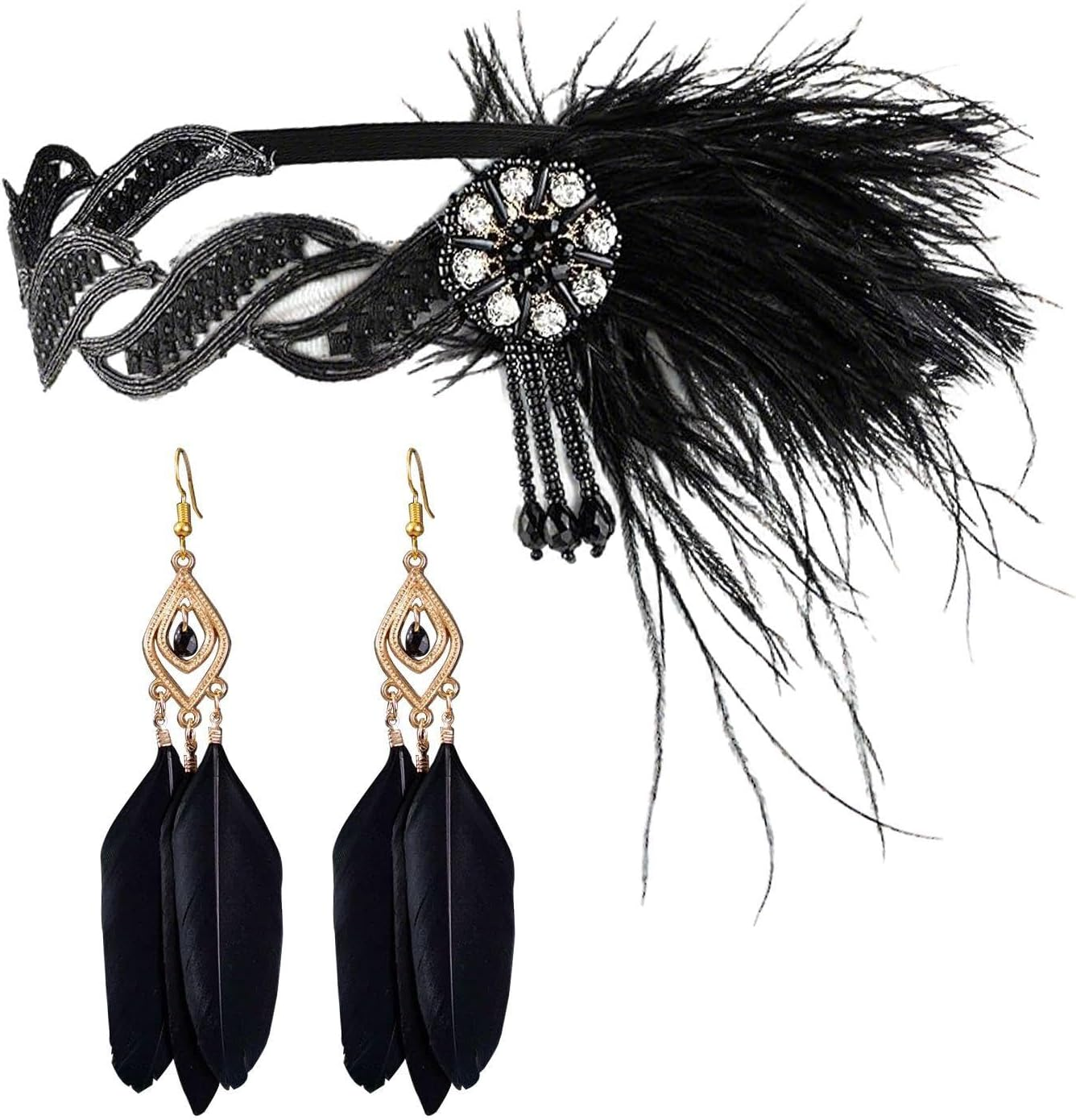 1 Piece Feather Hair Accessories and 1 Pair Feather Earrings, Vintage Accessories for Women, Role Play, Prom Costume Accessories