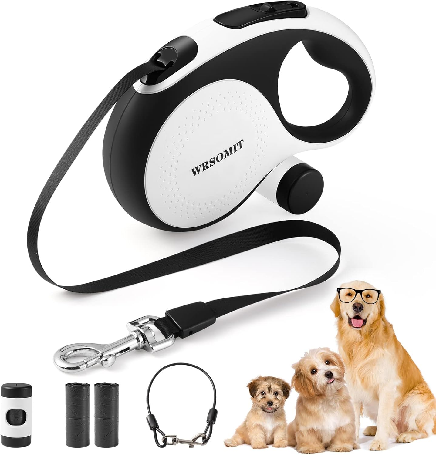 WRSOMIT Retractable Dog Leash with Chew Proof Cable, 26Ft Heavy Duty Dog Leash for Small Medium Large Dogs up to 110Lbs, 360&deg; No Tangle, One-Handed Brake White